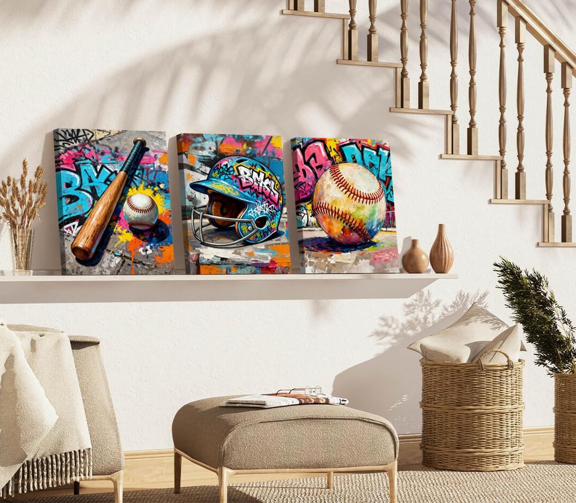 Baseball Graffiti Wall Art Framed Canvas Prints,Colorful Baseball Sports Graffiti Art Posters,Cool Sport Equipment Decor,Modern Inspirational Poster for Home/Gym/Man Cave Set of 3 (12"x16")