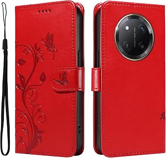 Case for Honor X9c 5G/Honor Magic7 Lite,PU Leather Wallet Cover with Card Holder and Wrist Strap, Shockproof Flip Cover Magnetic Case for Honor X9c 5G/Honor Magic7 Lite, Red