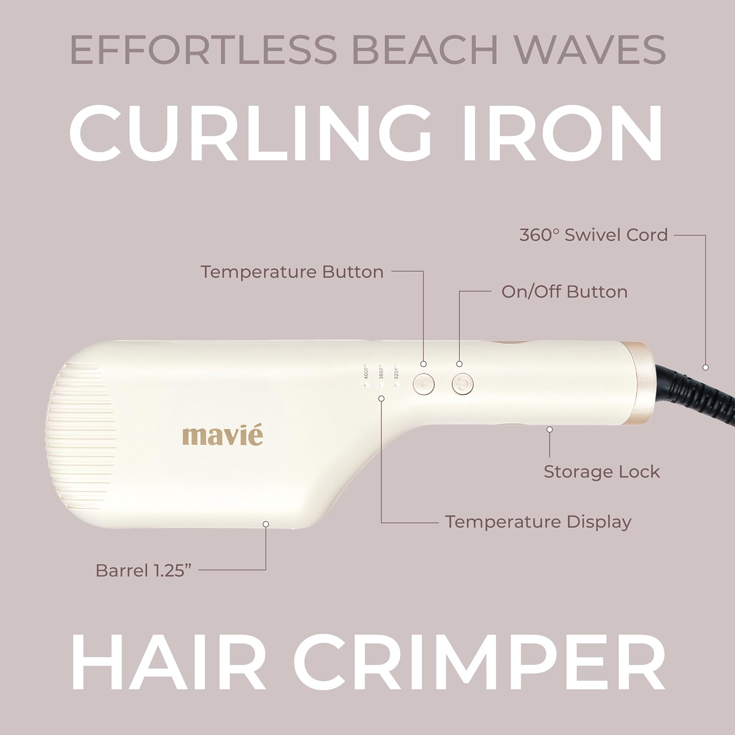 Hair Crimper & Curling Iron (Beige - 1.25" Single Barrel) | Anti-Scald Hidden Barrels, No-Gap Plates, Fast Heat-Up, Adjustable Temp, Mermaid Waves & Voluminous Hair, 360° Swivel Cord