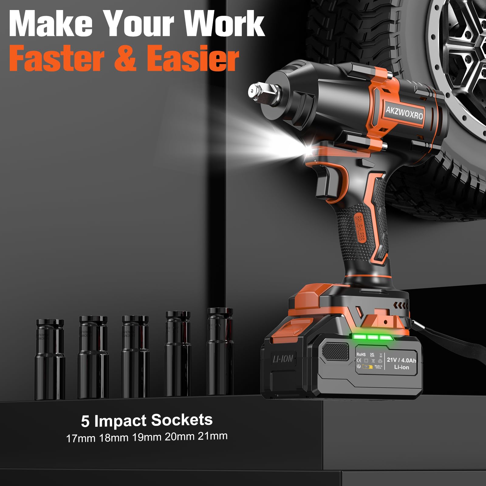 21V Avvitatore a Impulsi 1000N.m, Brushless Chiave a Percussione 1/2" ad Alta Potenza con Batterie da 4,0 Ah e Caricabatterie, 5 Bussole, Trapano a Impulsi per Auto Casa