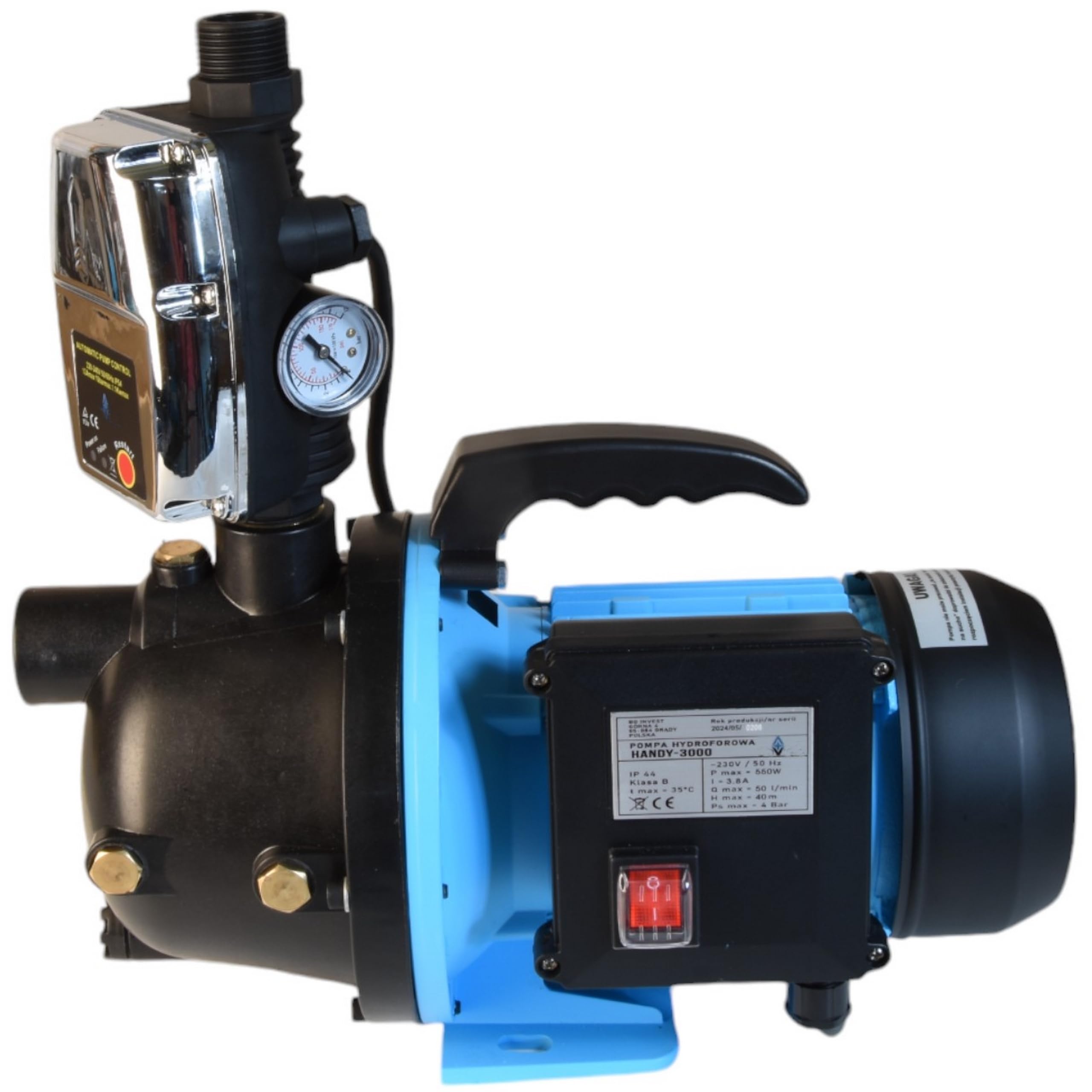 Wasserpumpe HANDY 3000 mit Elektronische Druckschalter CSK 5 - Pumpensteuerung - Gartenpumpe Tragbare - (550W 3000l/h Förderhöhe 40m) - Trockenlaufschutz - Hauswasserautomat - für Bewässerung Garten