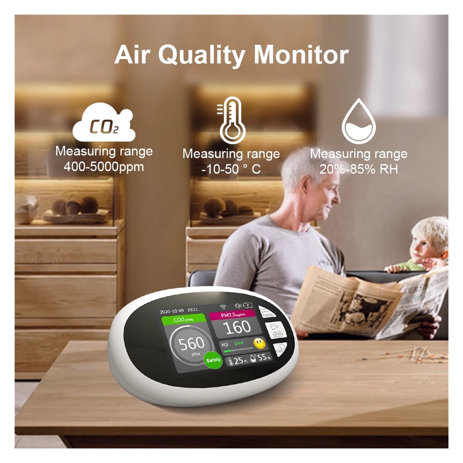 Monitor jakości powietrza, Monitor ści powietrza dwutlenku węgla o wysokiej czułości, czujnik temperatury i wilgotności, wewnętrzny detektor gazu -Wifi CO2,do domu, biura, samochodu