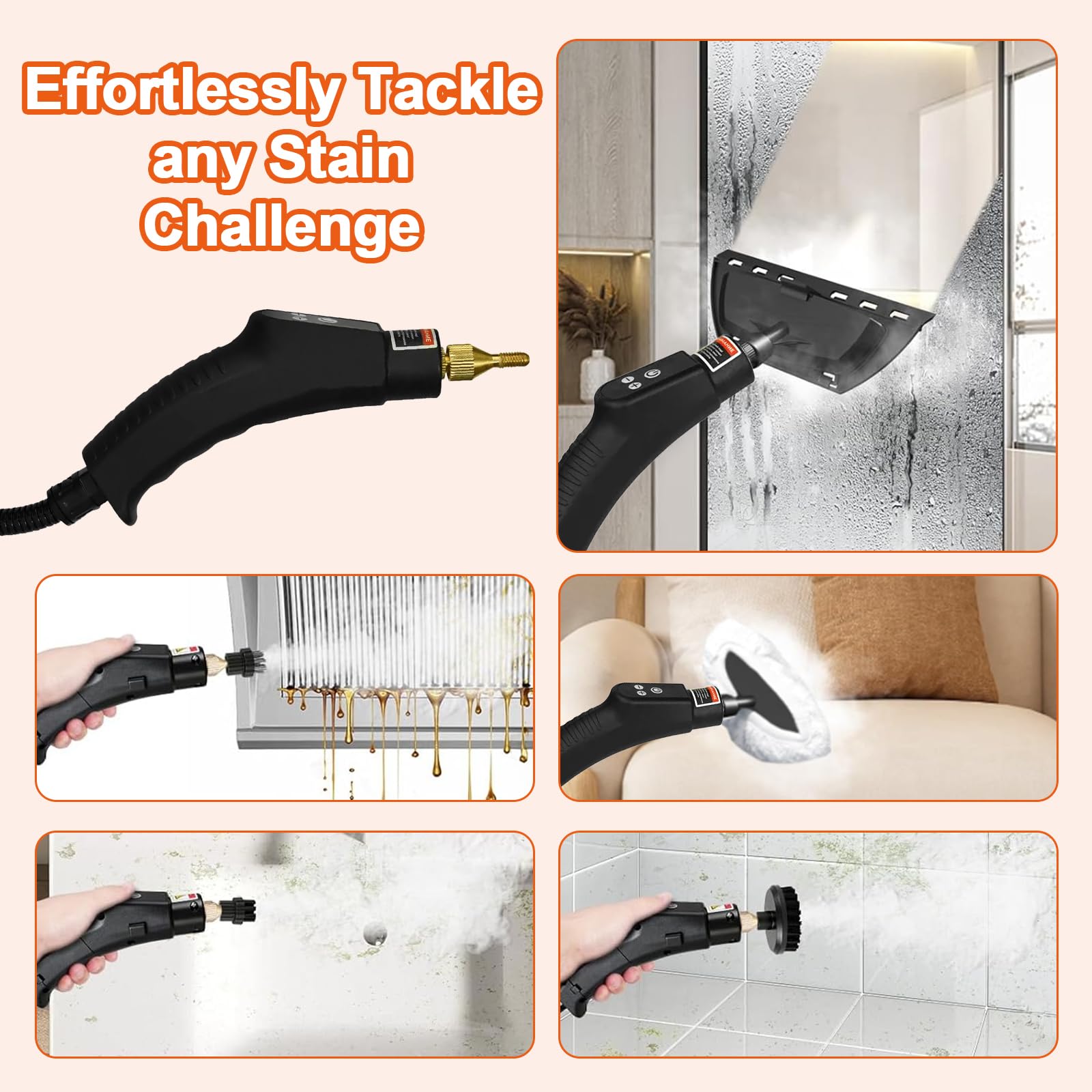 Limpiador de Vapor con Accesorios, 9 Velocidades 2500W Vaporeta Limpieza de Mano, Portátil Multiusos Vaporeta Limpieza Hogar Potente para Muebles de Cocina, Baño, Automóvil, Piso, Sofá (naranja)