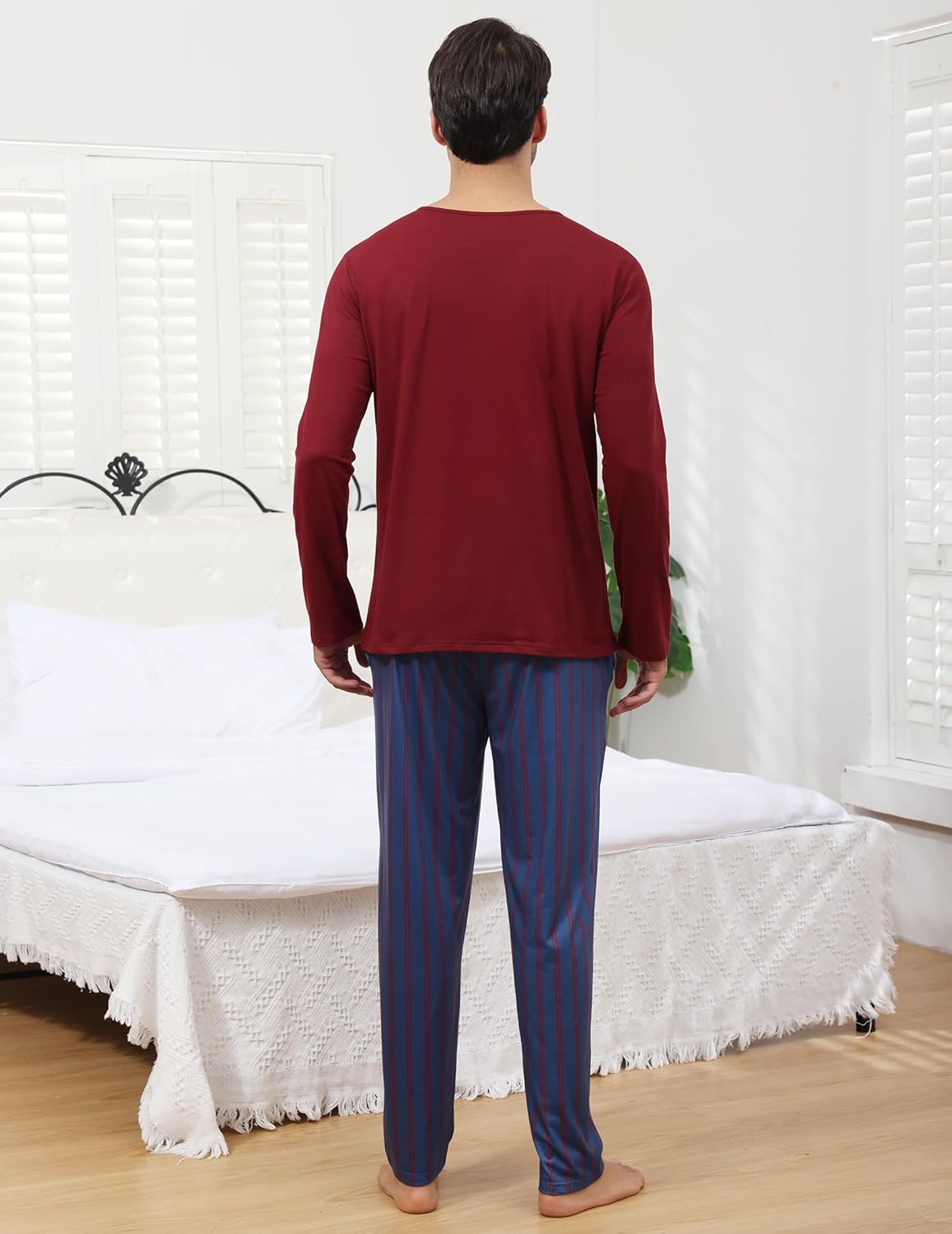 Mens Pajamas Set Cotton Long Sleeve Pjs Set with Stripes Pants Soft Comfy Lounge Men's Nightwear Set with Pockets - Image 3