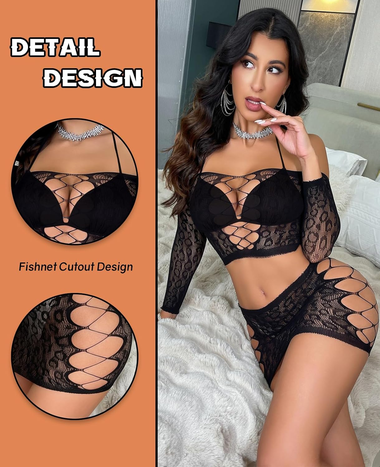 Sesiwadbe Lingerie Sets for Women Sexy Nightwear Fishnet Tights Mini Dress Chemise