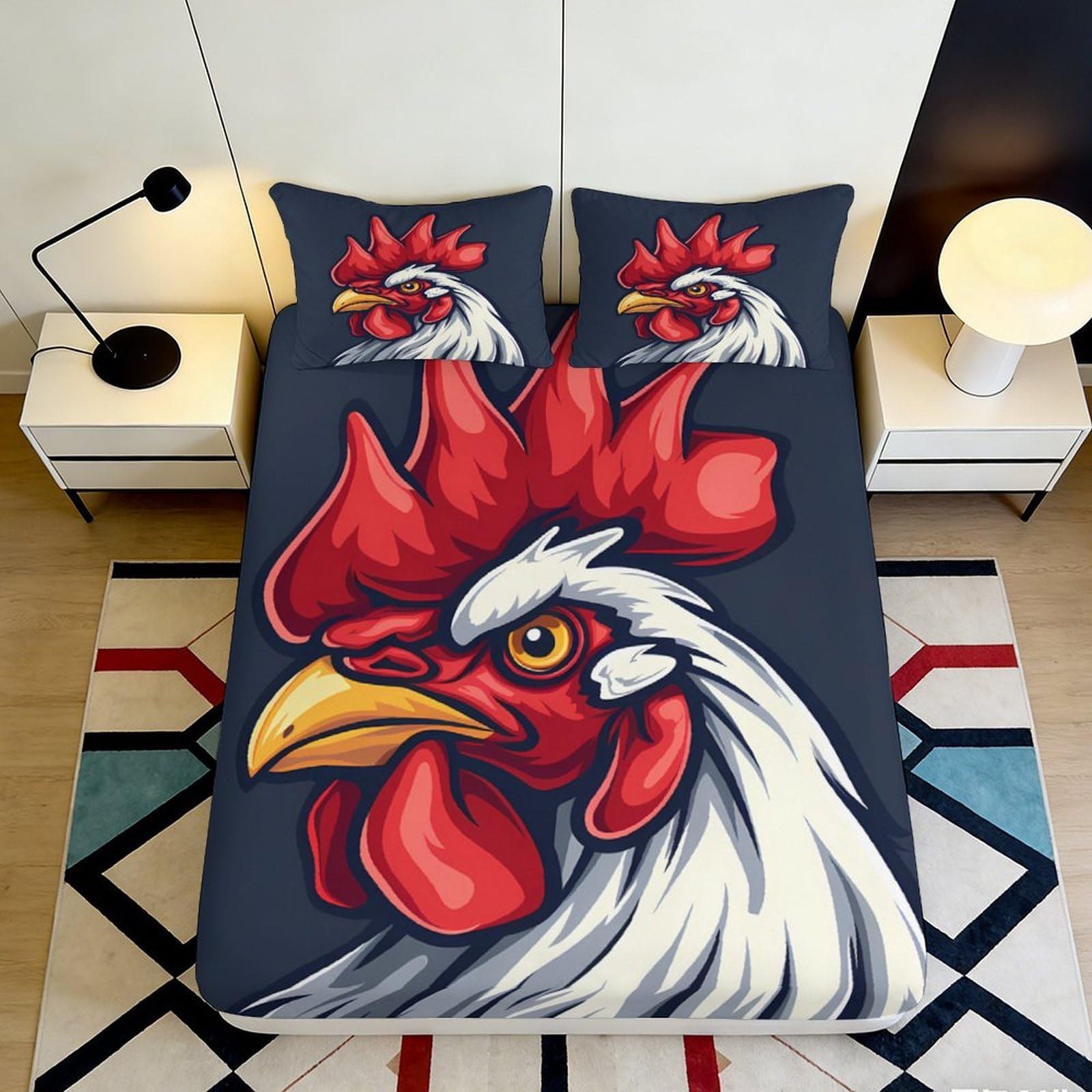 3D Printed Rooster Fitted Sheet Microfiber Durable Breathable Chicken Mattress Cover for Bedroom Dormitory Guest Room Bed Protection Decor 140x200x25cm