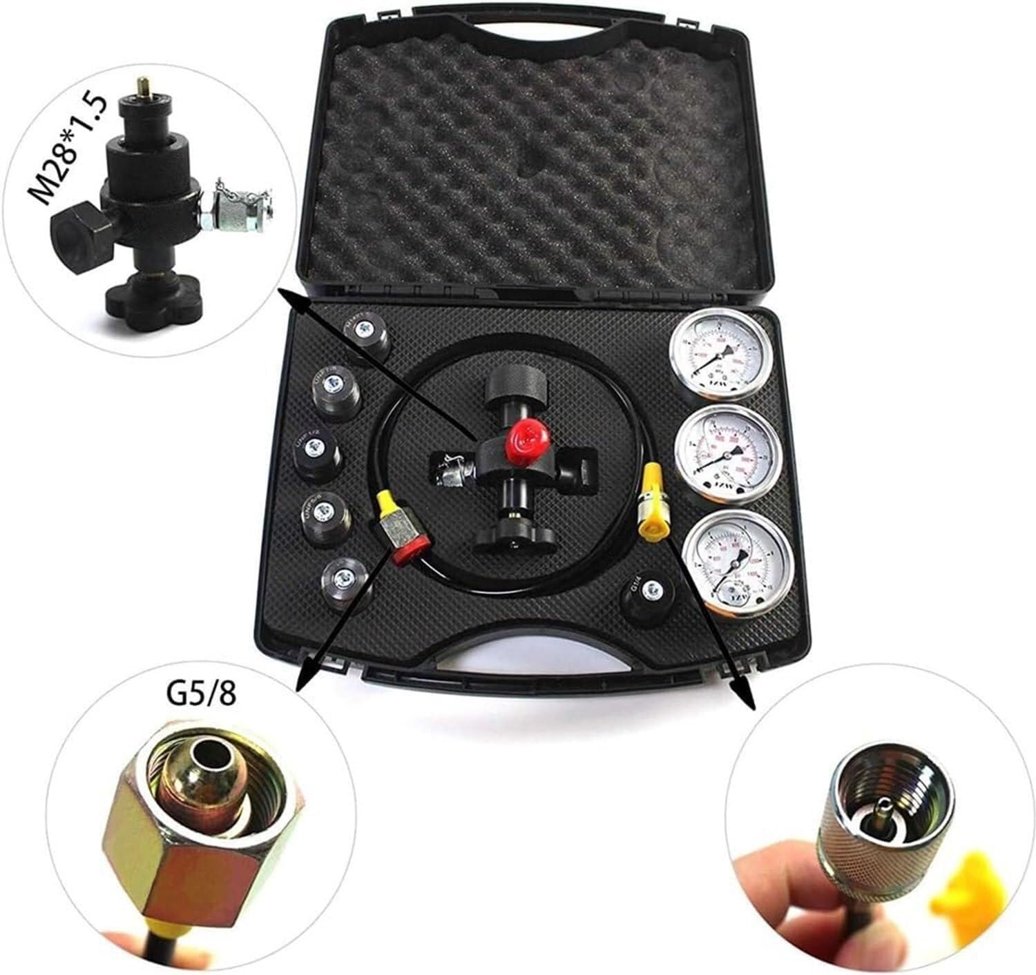 Kit de Carga de acumulador de nitrógeno hidráulico, Kit de llenado de nitrógeno, Sistema de Prueba de presión, Herramientas de Carga de Gas con 7 s, 3 manómetros, 1 Manguera de Gas