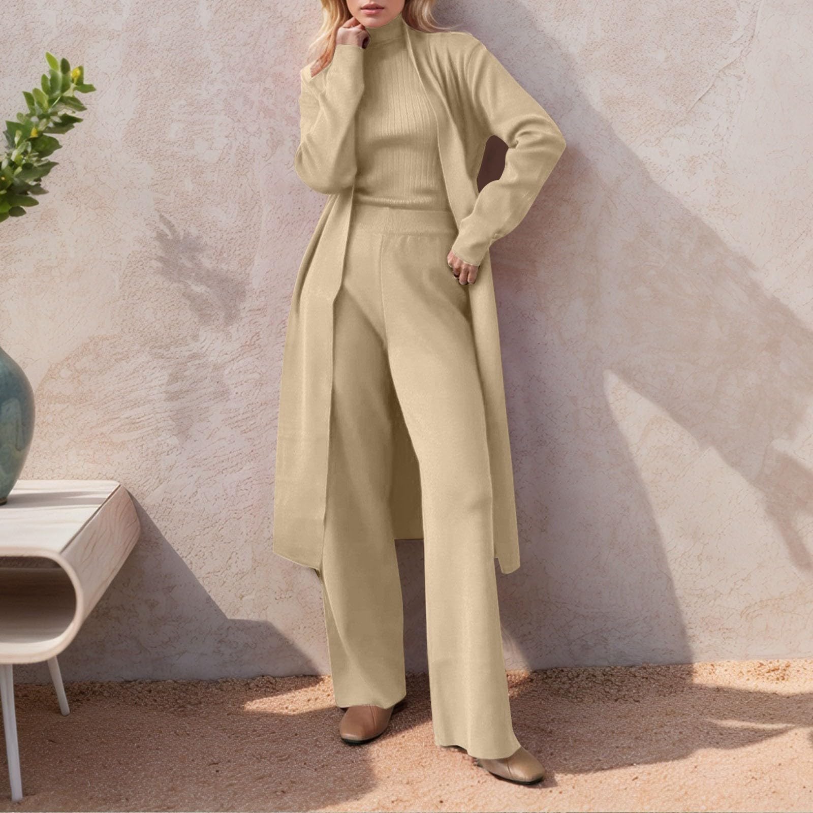 Generico Completo Pantaloni Donna in Maglia Morbida Cardigan Due Pezzi Abbigliamento Casual Comodo Jogging Quotidiano