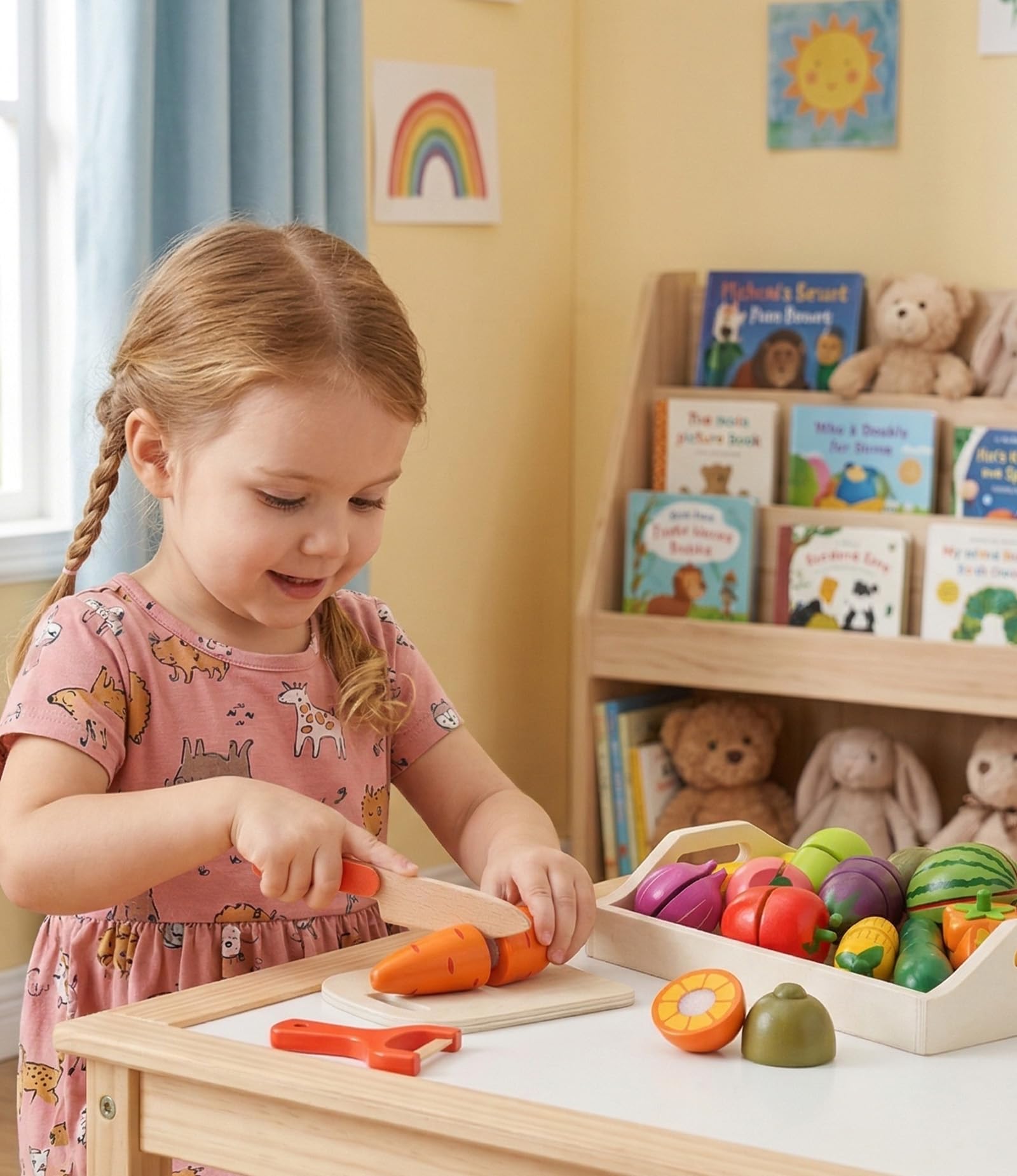 KidMigo Kinderküche Zubehör, Kinderküche Holz, 19 Artikel, 35 Stück Schneidespielzeug mit Serviertablett, Küchenspielzeug mit Leinwand-Aufbewahrungstasche, Holzspielzeug 2 Jahre