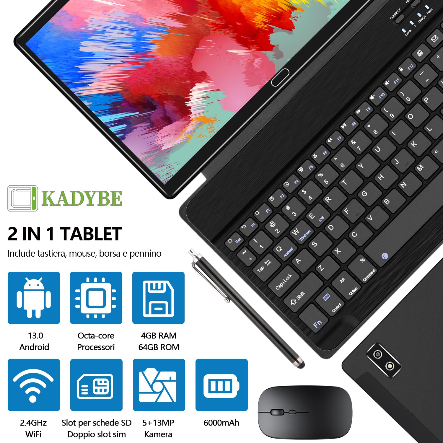 KADYBE 2024 Ultima versione Android 13 Tablet 10 Pollici con tastiera e mouse, 64 GB ROM 512 GB TF Octa-Core, 2 in 1 Tablet con 2 SIM Slot 1 SD, | 5+13 MP | 1,6GHz | 6000 mAh |Typ-C(Nero)