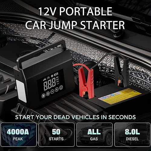 Miniatura 3 de Hieha Arrancador portátil de 4000 A con compresor de aire, batería de coche de 12 V (todo gas 8L diesel) con inflador de neumáticos de 150 PSI