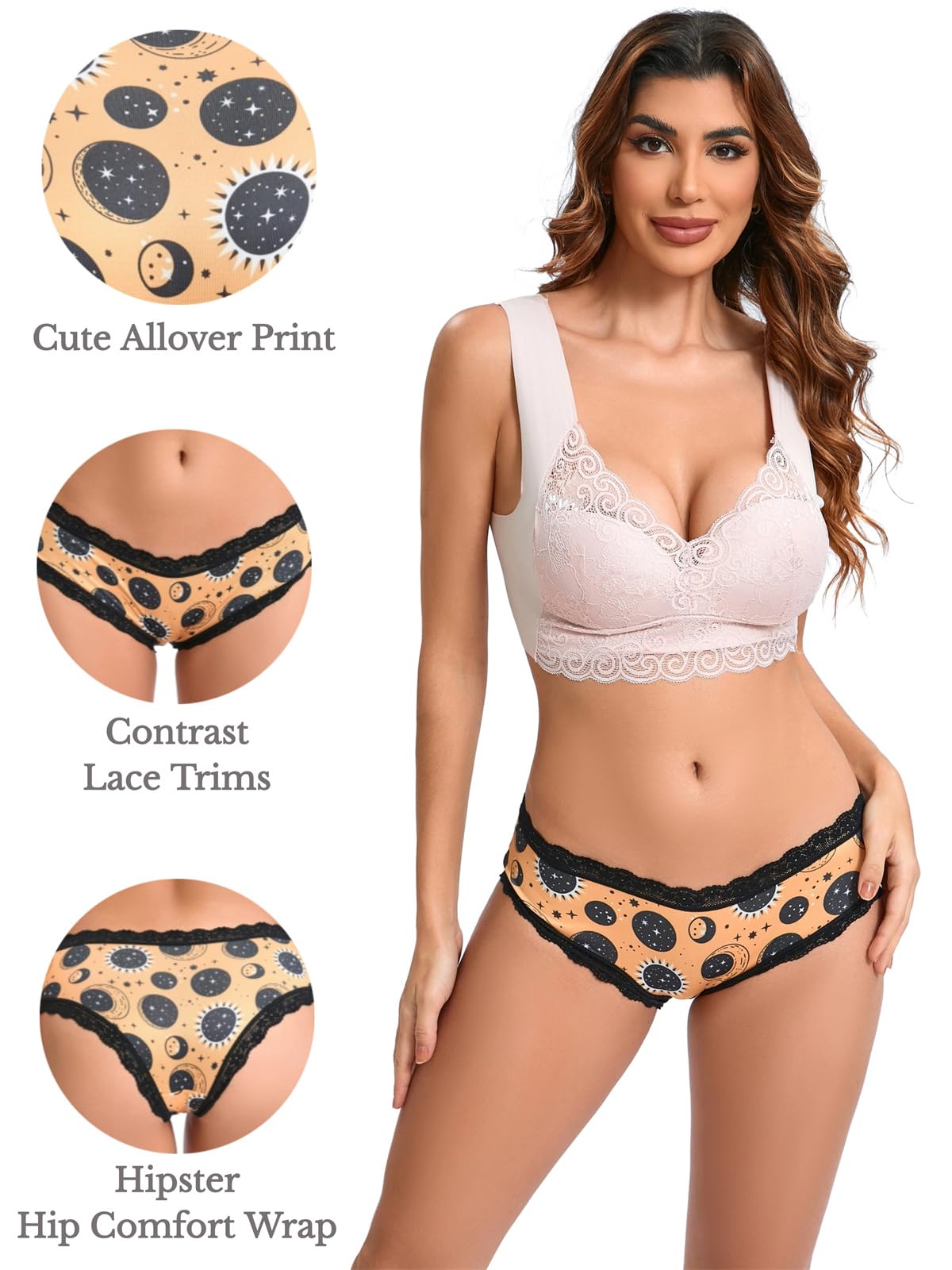 Morvia 6pcs Women Underwear Gothic Sexy Halloween Skulls Roses Allover Print Contrast Lace Hipsters Panties: XX-Large 6pcs Moon & Stars Print