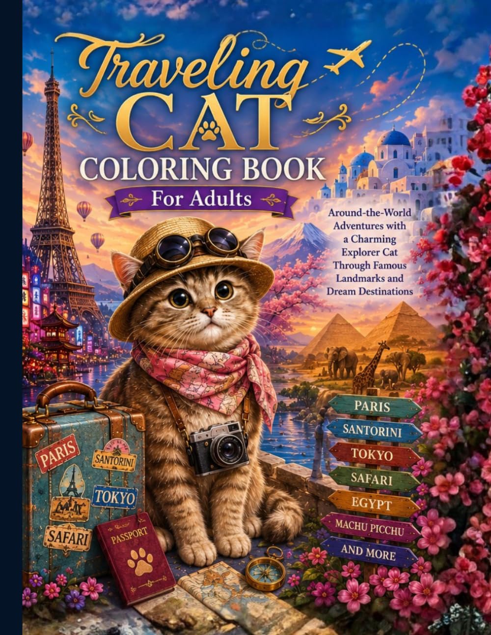 Traveling Cat Coloring Book for Adults: Around-the-World Adventures with a Charming Explorer Cat Through Famous Landmarks and Dream Destinations