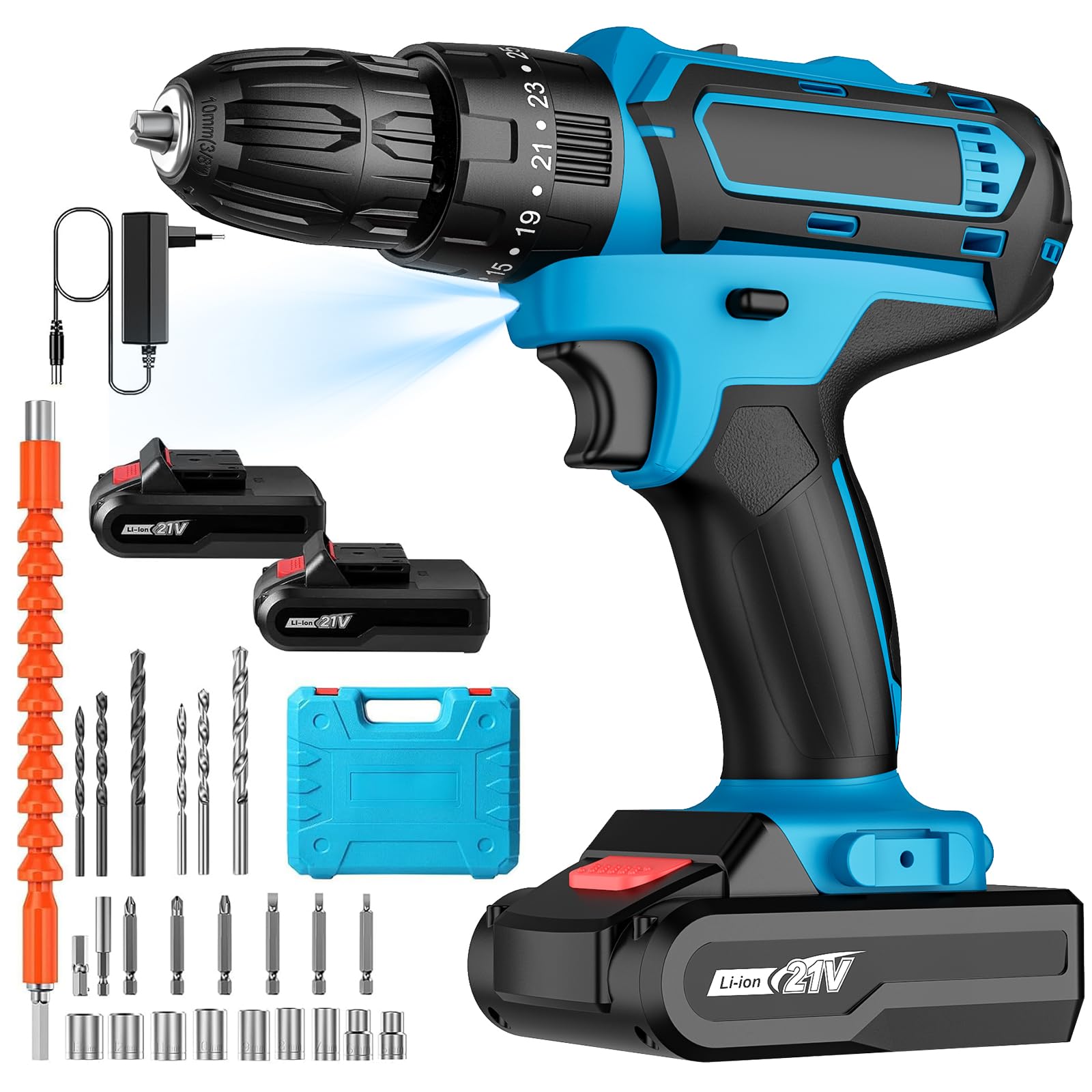 Taladro Percutor a Bateria 21V, Taladro Atornillador Bateria con 2 Baterías 2000mAh, 32Nm, 25+3 Ajuste de Par Destornillador Electrico, 24 Accesorios, 2 Velocidad, LED Luz Para Hogar, Bricolaje