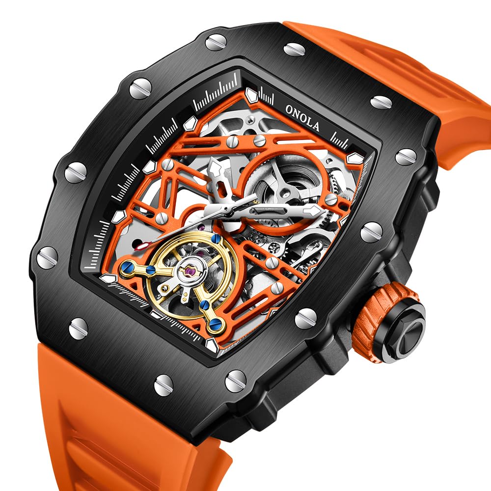 Tonneau, orologio da polso da uomo, completamente automatico, con timone, volano, orologio meccanico Tourbillon, scheletro, impermeabile, alla moda