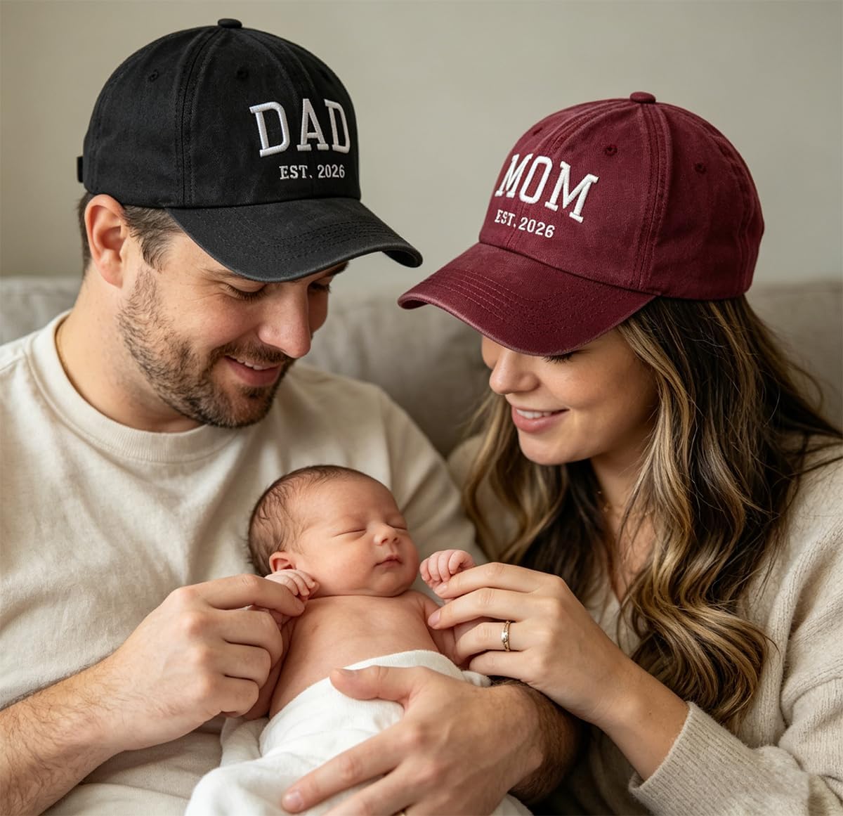 2PCS Dad and Mom EST 2026 Hats for Men Women, Adjustable Cotton Embroidered New Parents Gifts Baseball Cap
