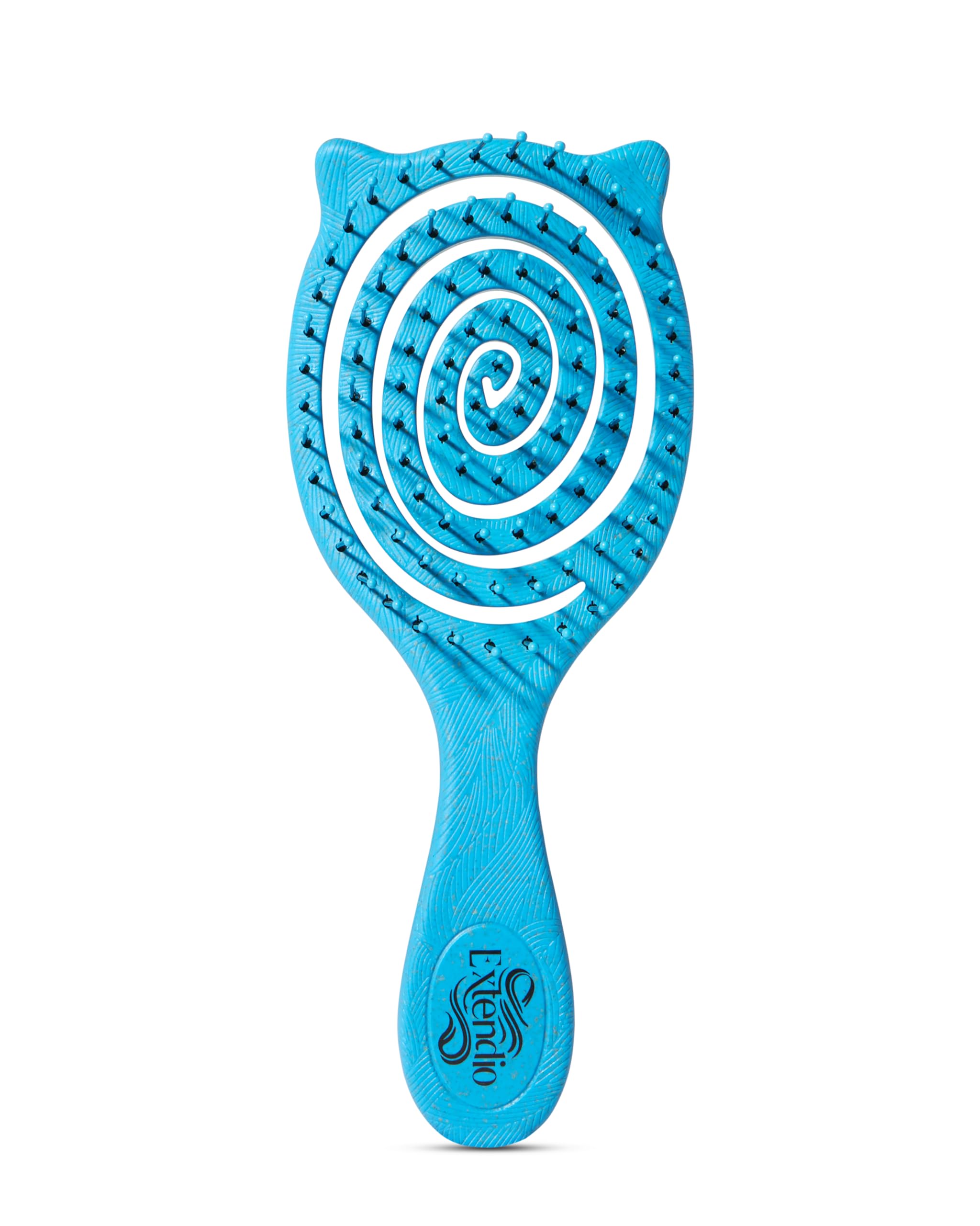 Mini Haarbürste ohne Ziepen für feines Haar, Extendio® Spiralbürste mit Katzenohren, Bio & kompakt für Kinder, Reise, Sport & Alltag (Blau)