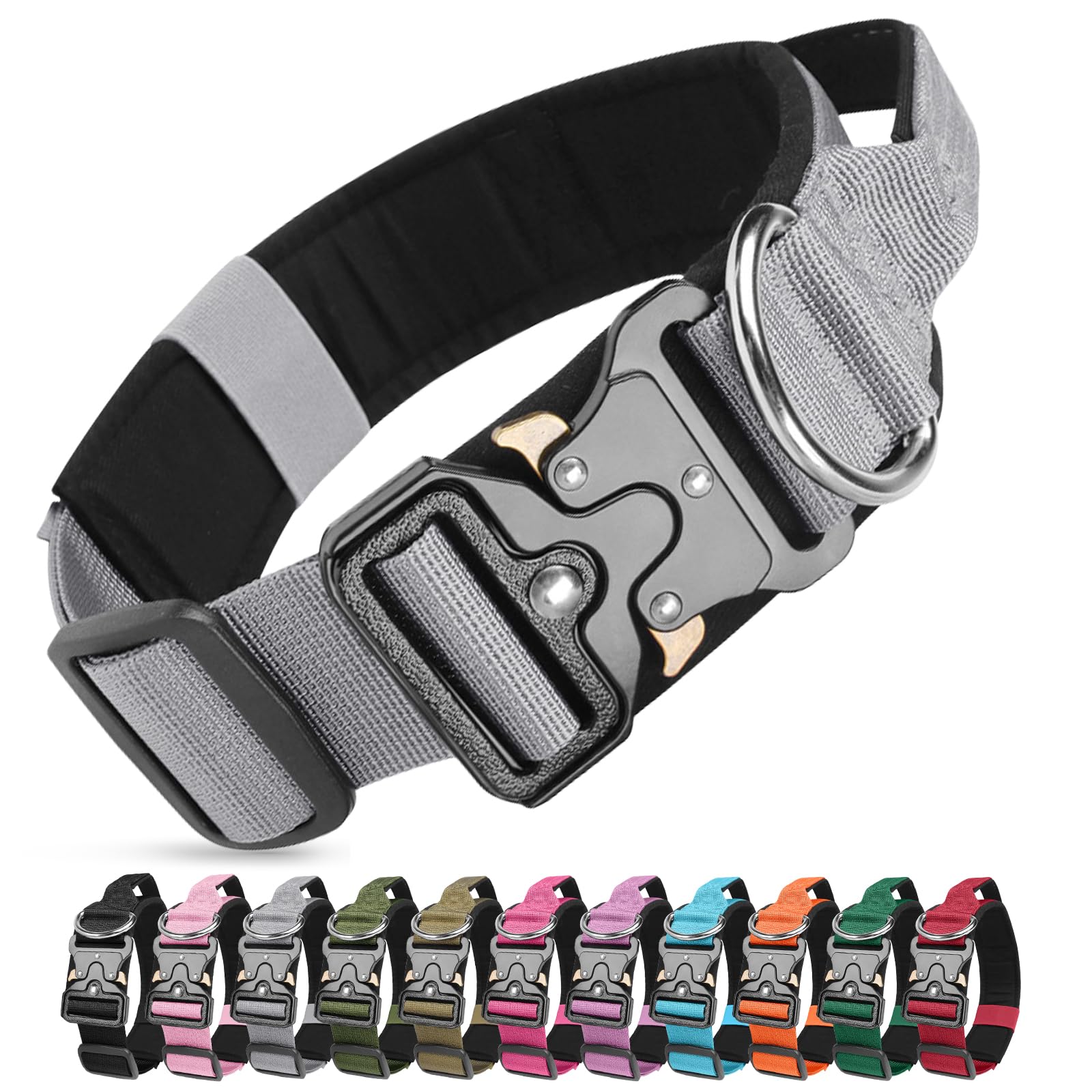 Ledeak Tactical Dog Collar, Military Nylon Adjustable Training Dog Collar with Heavy Duty Metal Buckle, Comfortable Pet Collars with Handle and Soft Padded for Medium Large Dogs (Grey, XL)