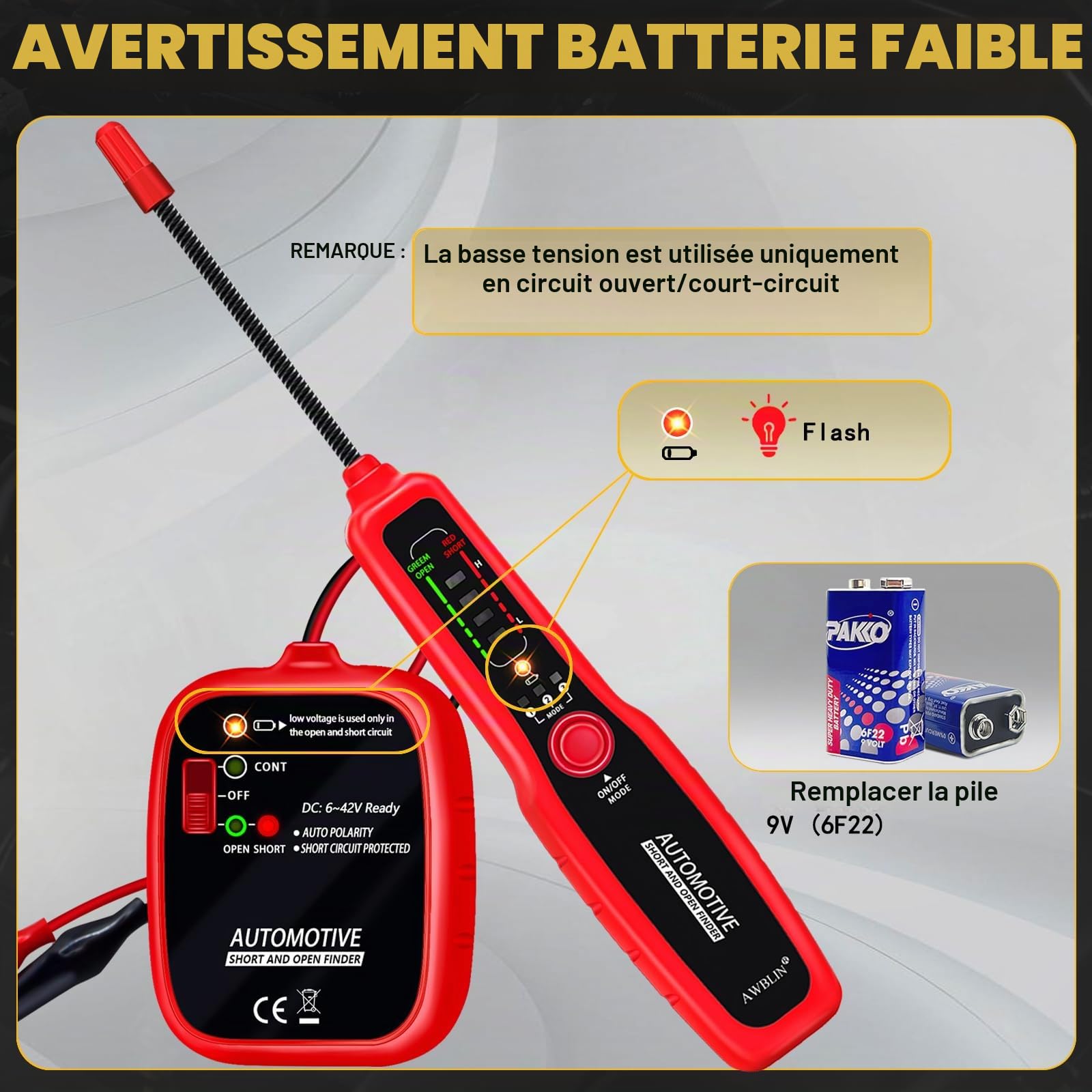 AWBLIN Traceur de fils électriques pour automobile - Détecteur de circuit ouvert et court - Détecteur de fils - Sonde de défaillance - Traqueur de câble électrique CC 6-42 V