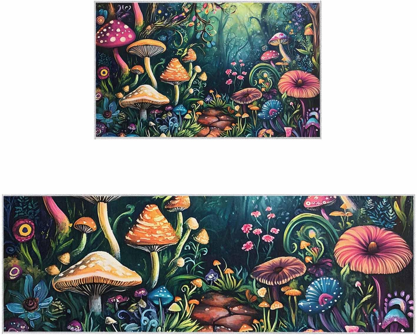 2 Pieces Kitchen Rugs and Mats,Vintage Colorful Mushroom Plant Area Runner Rug Set Non Slip Floor Doormat Washable Carpet Standing Mat for Kitchen Sink Indoor Corridor,Forest Wild Natural Scenery