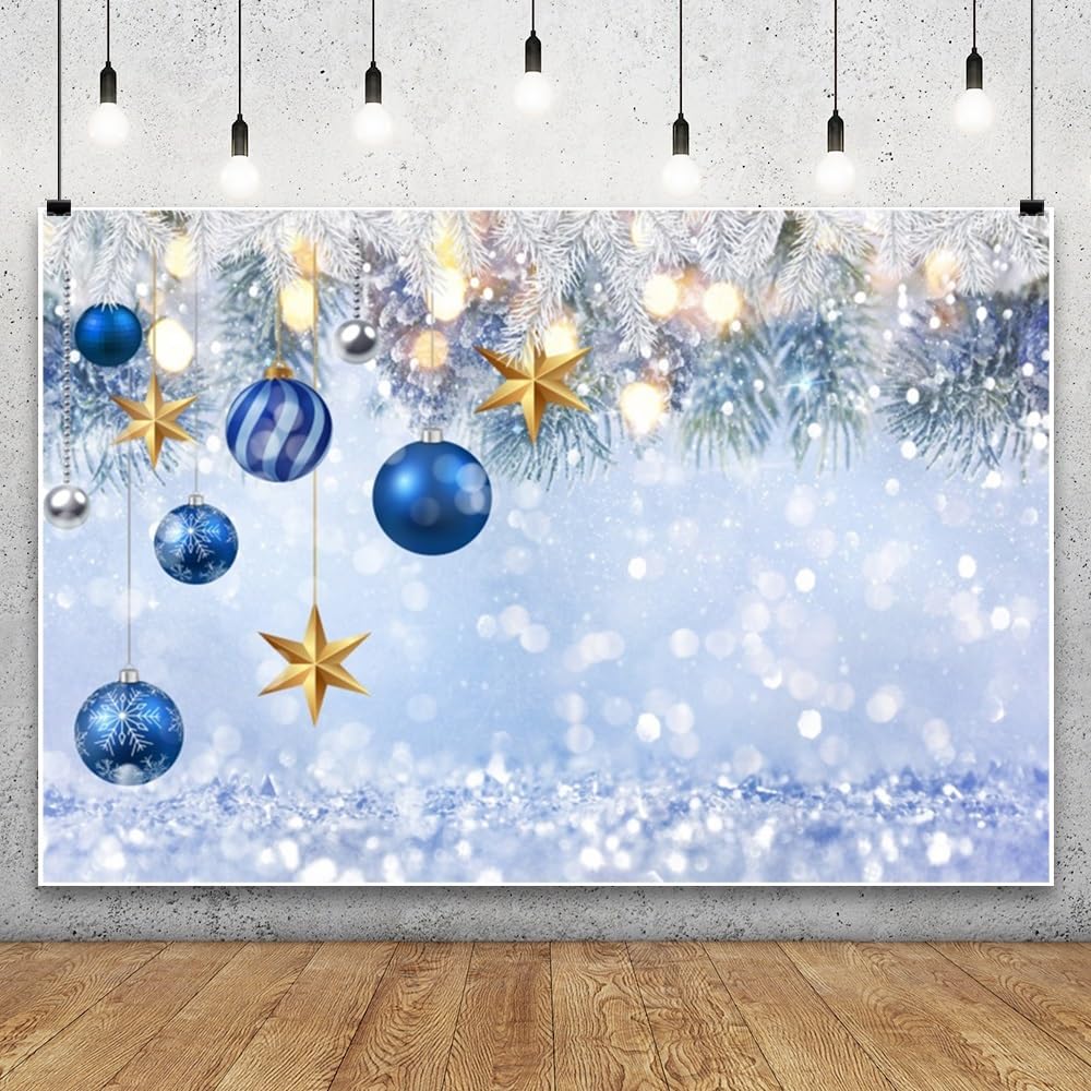 2,1 x 1,5 m sfondo natalizio con palline blu con stelle dorate sfondo fotografico argento glitter sfondo fotografico decorazioni per l'anno nuovo studio fotografico puntelli