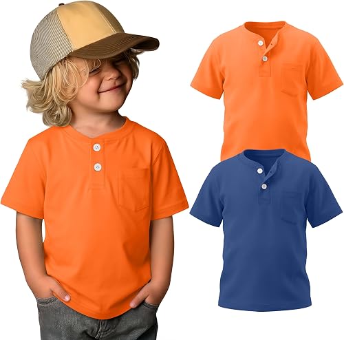 Custoneei 2 Pack Toddler Boys Henley Shirts 100% Cotton Kids Short Sleeve Button