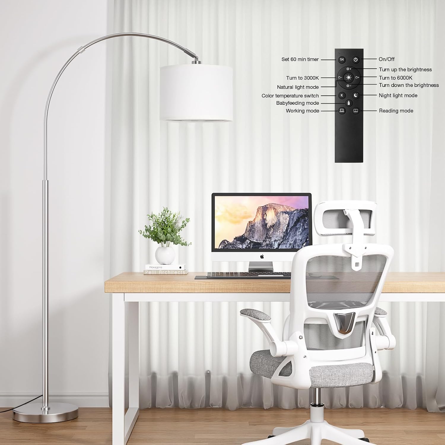Ambimall Dimmable Arc Floor Lamp with Remote, Color Temperatures and Brightness Adjustable, Arched Floor Lamp with Rotating Head, Over Couch Arched Reading Light for Living Room (White and Silver)