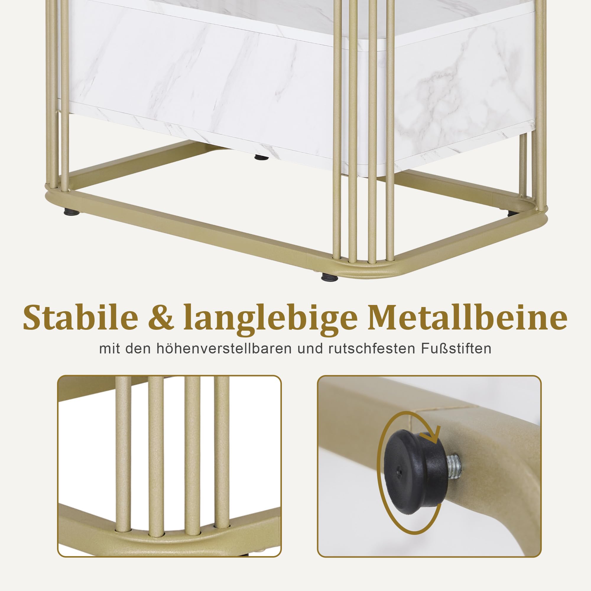 M MCombo 2138 - table d'appoint moderne avec tiroir - En marbre blanc et doré - Petite table basse en métal - Chevet avec 2 étagères