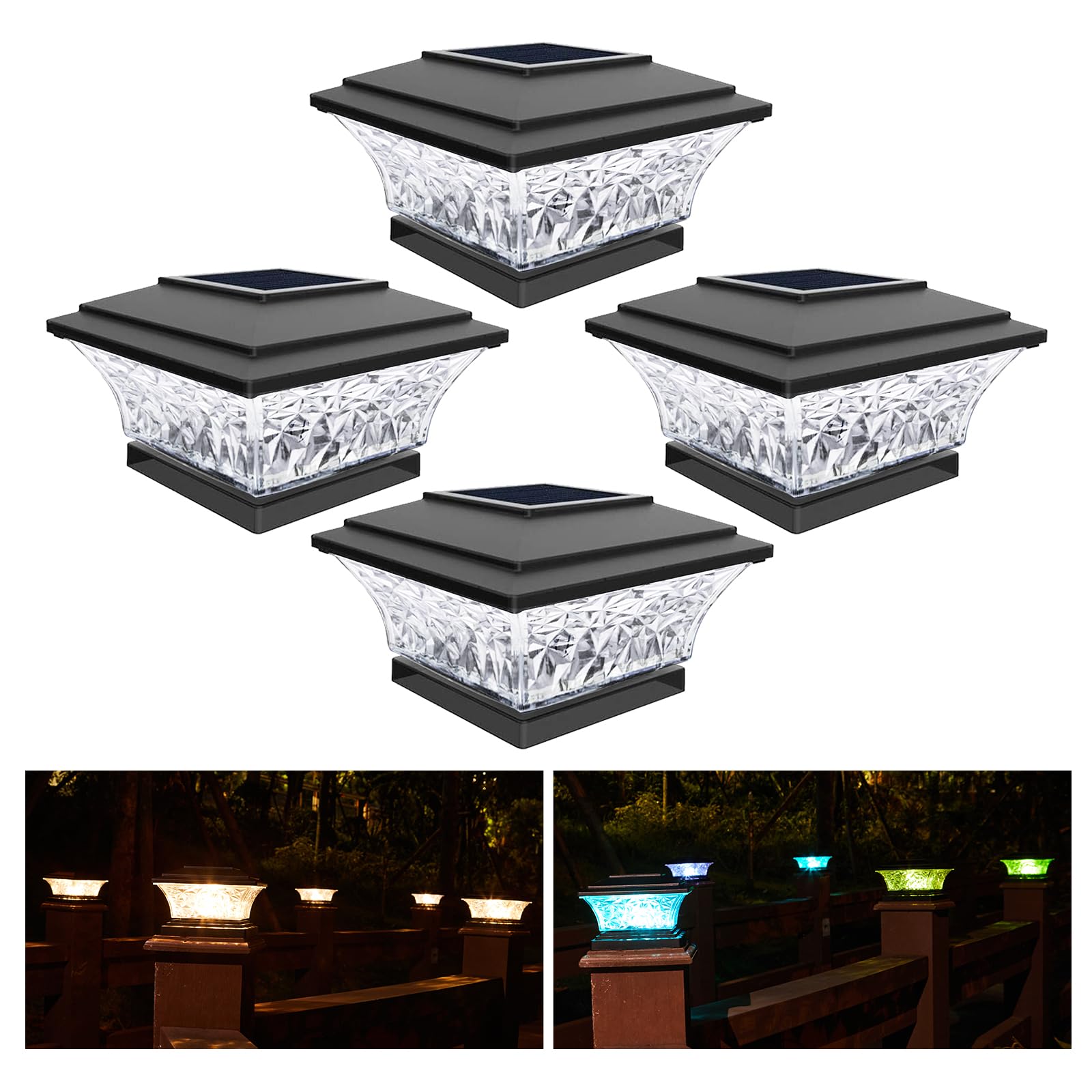 HUYIENO Solar Post Cap Lights Outdoor LED Lighting Deck Fence Cap Light Diamond Shade Two Light