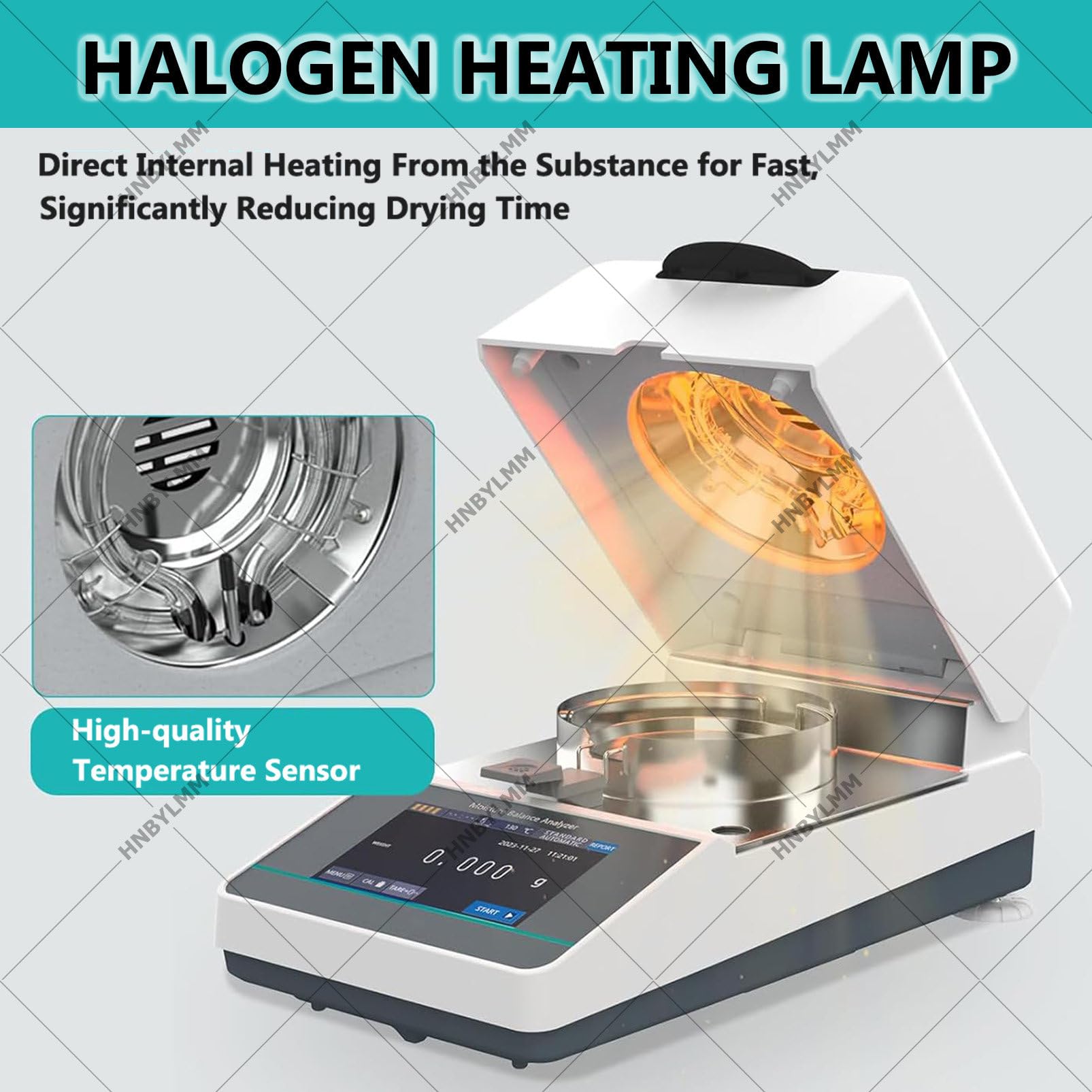 Analizador de Humedad Halógeno con dos Modos de Calibración, Balanza de 110g, Calentamiento y Secado Rápidos 40-160 ℃, con Salida y Almacenamiento de Datos para Pruebas De Alimentos, Plantas MBA1102