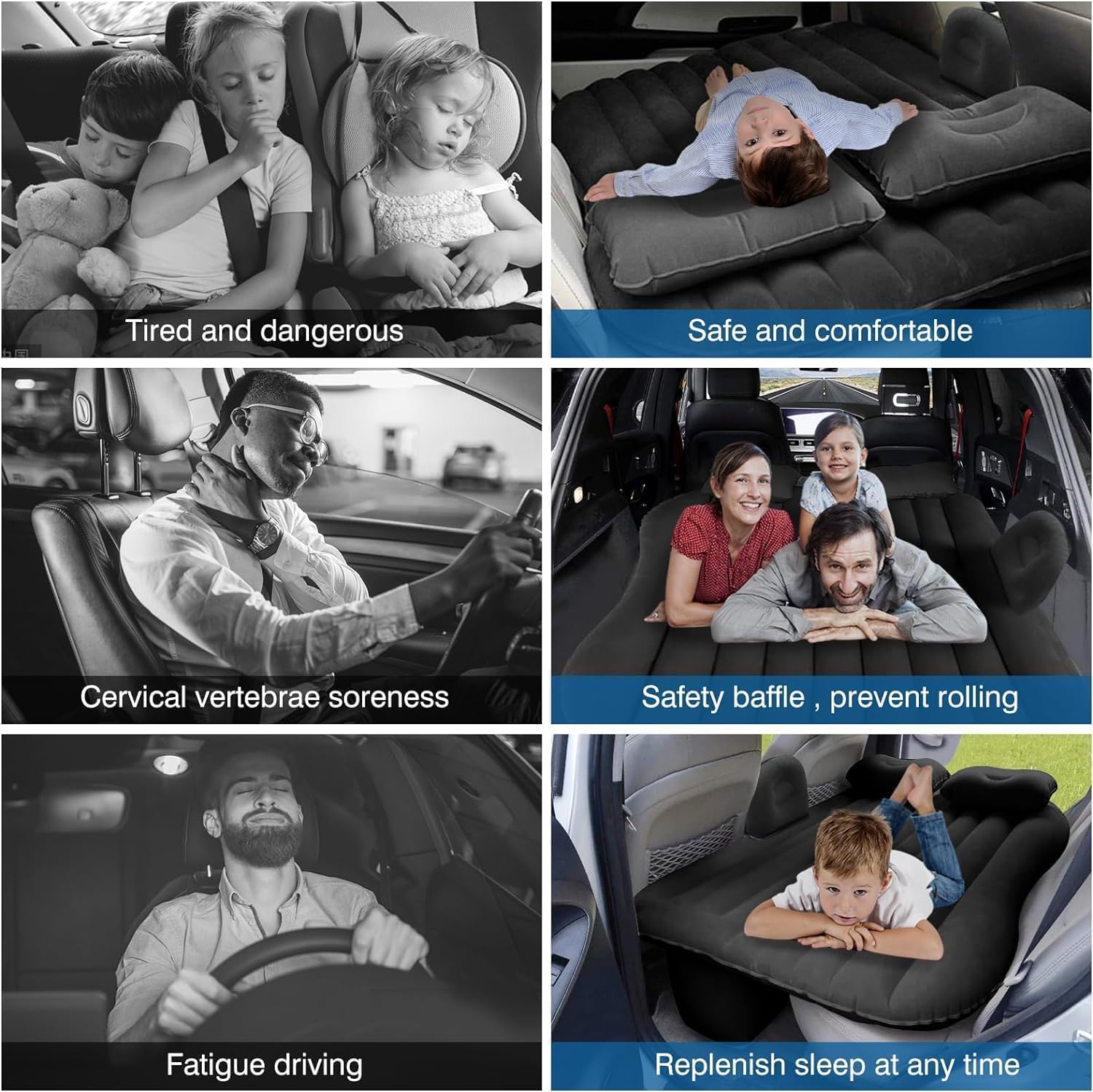 Rikriva™ Portable Exclusive Car Air Mattress Travel Car Sleeping Bed for Kids Inflatable Bed with 2 Pillow & Pump |Quick Inflate for Trips,Camping, Picnic (Black) 2