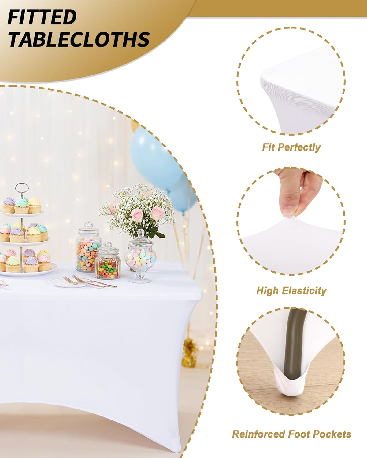 Fixwal White Table Cloth for 6FT Rectangle Tables, 6 Pack Rectangular Tablecloths Stretch Spandex Fitted Table Covers 6FT for Parties, Trade Shows, Banquet, Weddings, Buffet, Graduation Decorations