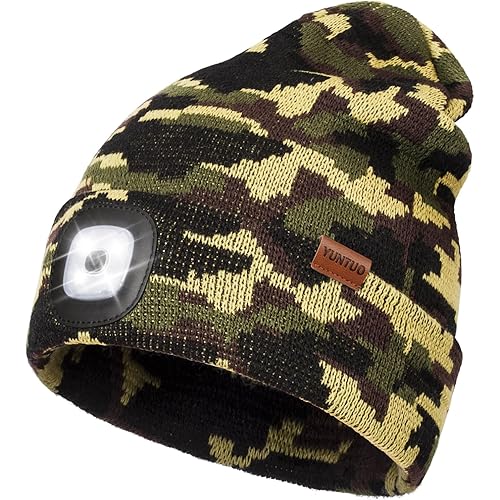 YunTuo LED Beanie with The Light, Unisex USB Rechargeable Headlamp Winter Knitted Cap Gifts for Men Dad Husband Him