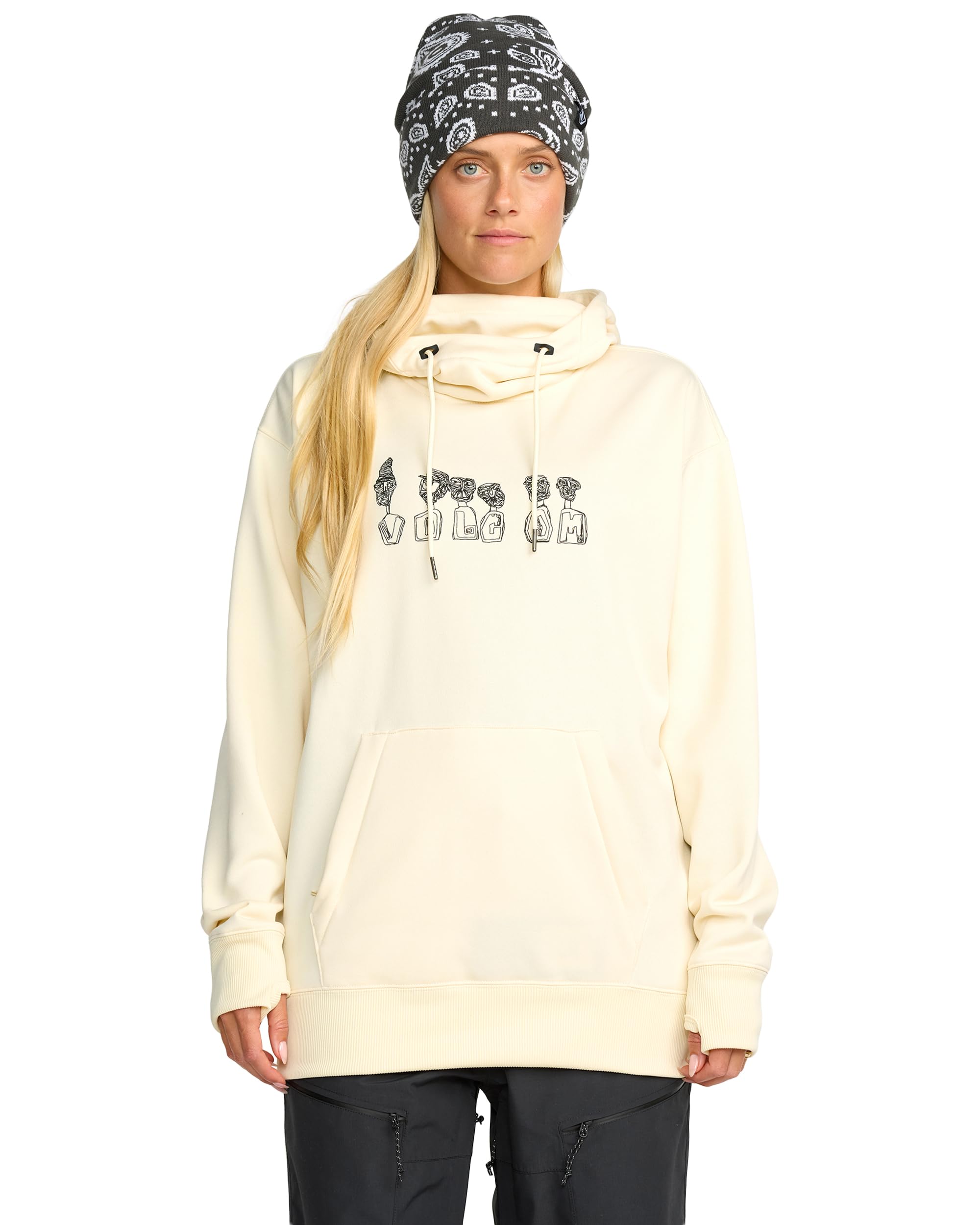 Volcom Women's Riding Hydro Hoodie –Water-Repellent Fleece Sweatshirt with Neck Warmer & Thumbholes, Bone, Medium