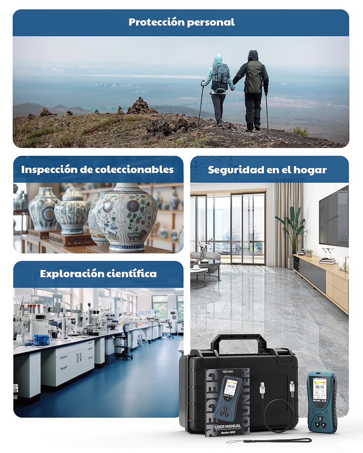 Geiger AEGTEST Radar-5633 - Detector de radiación nuclear LCD, dosímetro recargable para β γ X, mediciones en CPM μSv/h μR/h μSv - Azul
