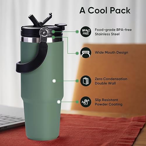 Miniatura 5 de Vaso con popote y asa de tapa, taza de café de acero inoxidable de 30 onzas, taza de café aislada al vacío, taza de café aislada al vacío, a prueba