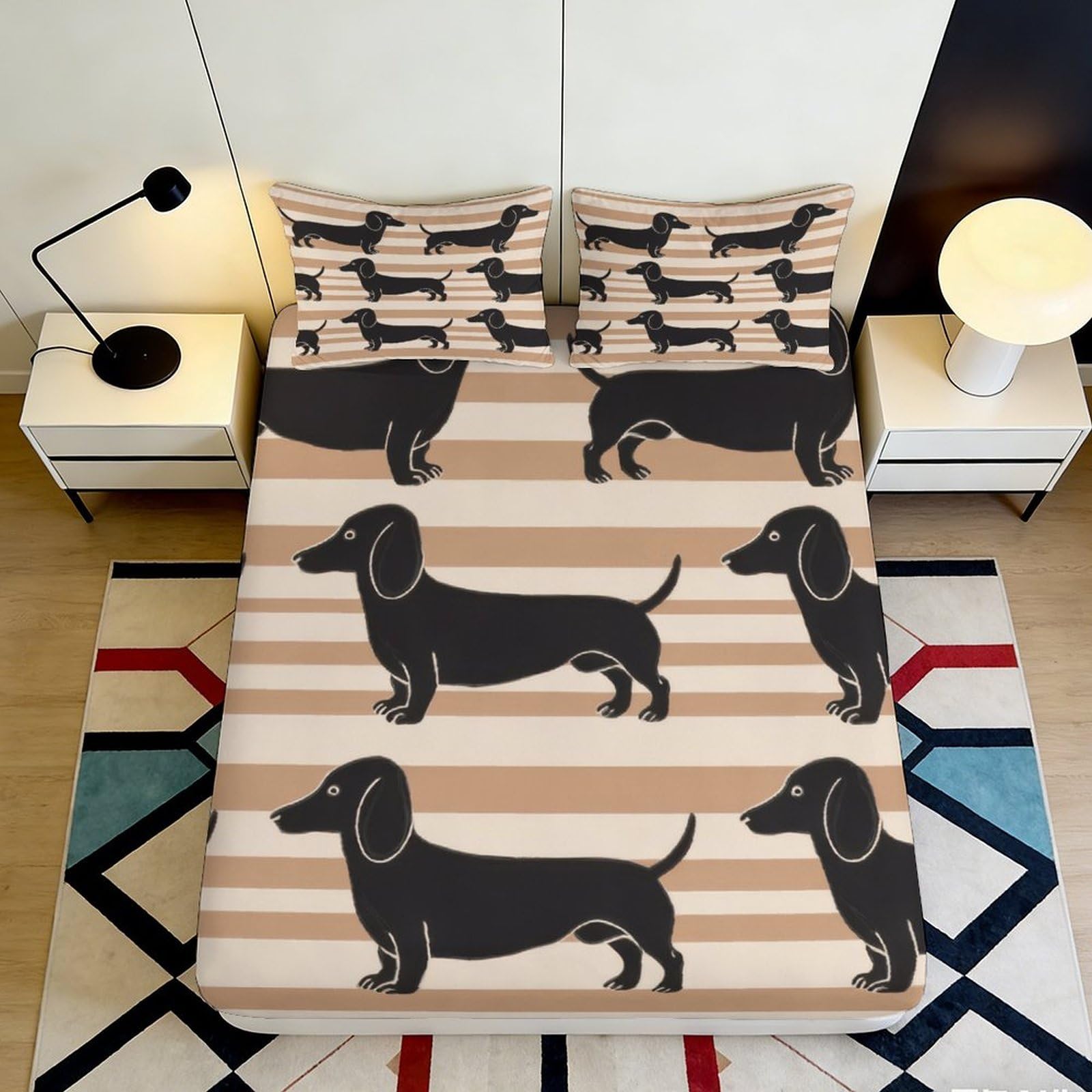 Pnayamiorkfel Style-7 3D Printed Dachshund Dog Fitted Sheet Microfiber Soft Stripe Bed Cover For Bedroom Guest Room Mattress Protection 90X200x25cm