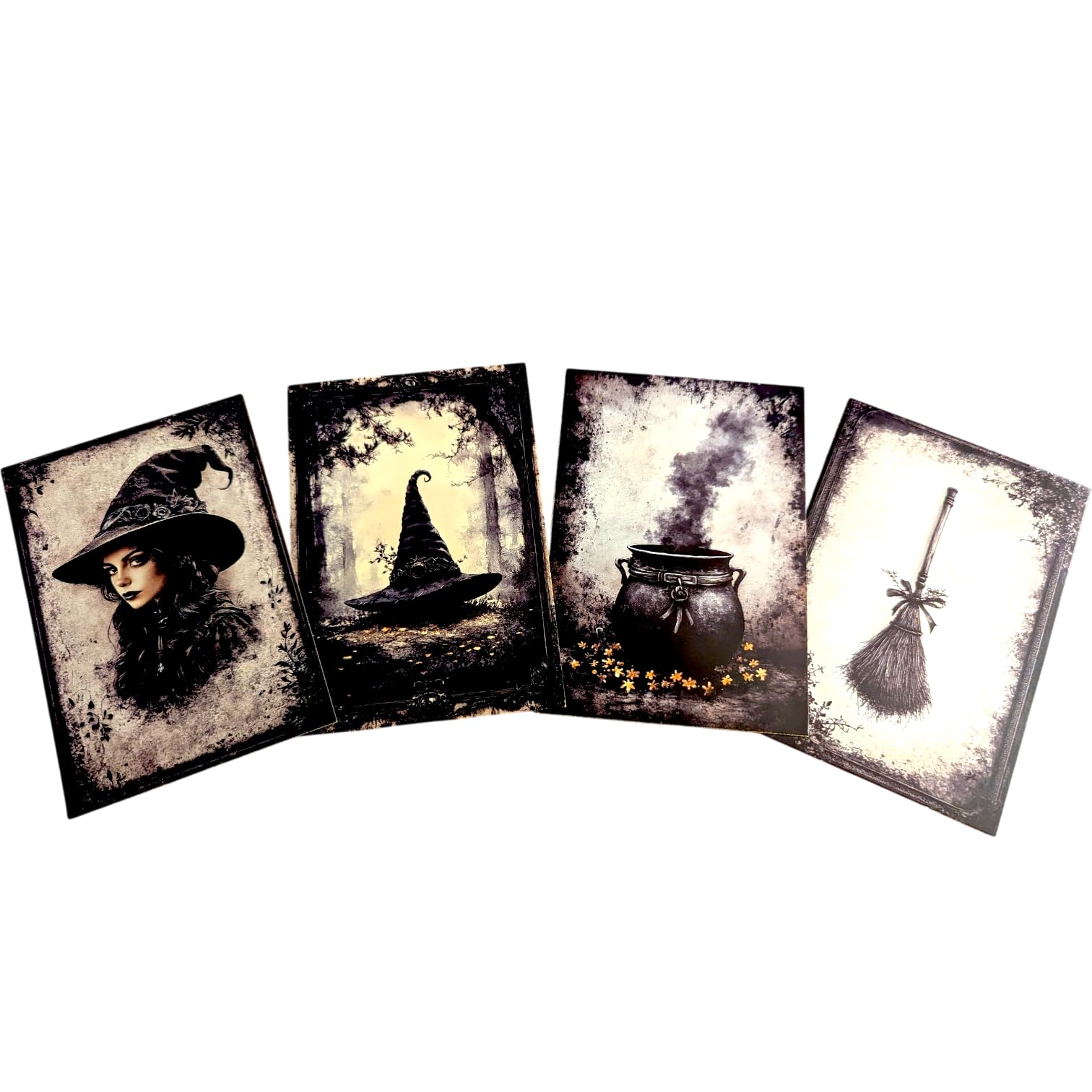 Kims Crafty Corner Gothic Autumn Postcard Set – 4 Dark Academia Art Prints with Haunted Houses, Skeleton Trees & Victorian Figures | Vintage Gothic Stationery or Wall Art Décor (Black Wicca Set 4)