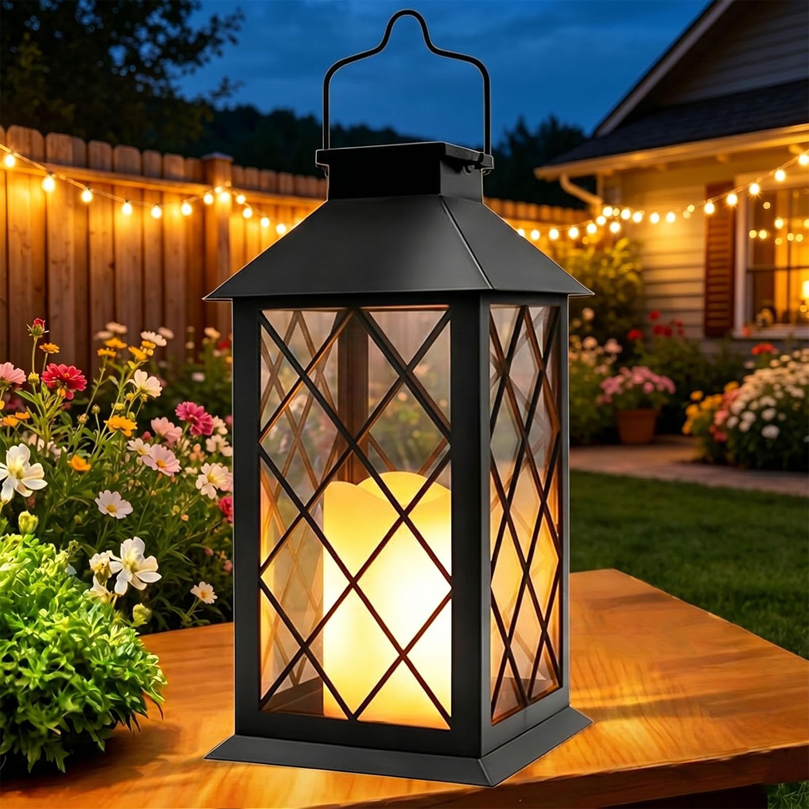 Yowin Farolillos Solares Exterior 35cm Grande Lampara Jardin con Vela Parpadeante, Vidrio Templado, Farol Solar Impermeable Lintern Exterior Mesa para Adornos Jardin Terraza Balcón - Negro