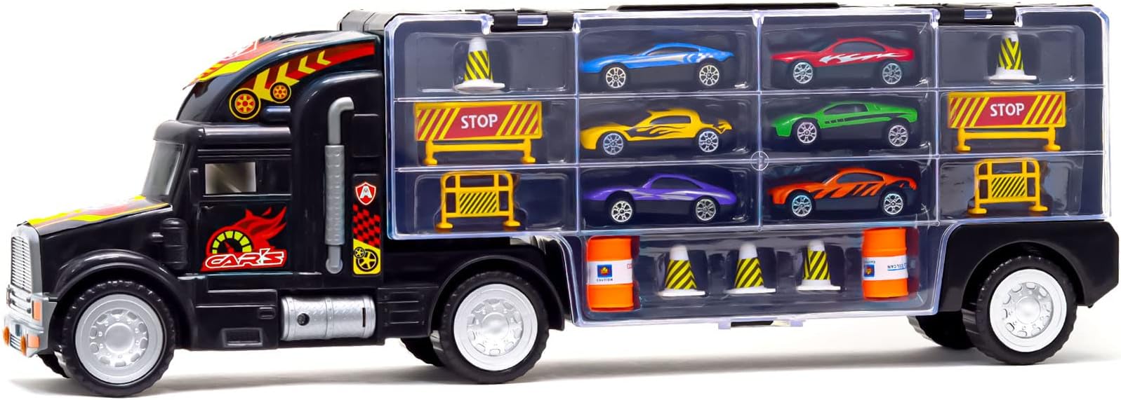 Jawda Truck Transport Car Carrier - Toy Truck Includes 6 Toy Cars and Accessories - Toy Trucks Fits 26 Toy Car Slots Great car Toys Gift for Boys and Girls Truck Loaded with Cars, Road Signs