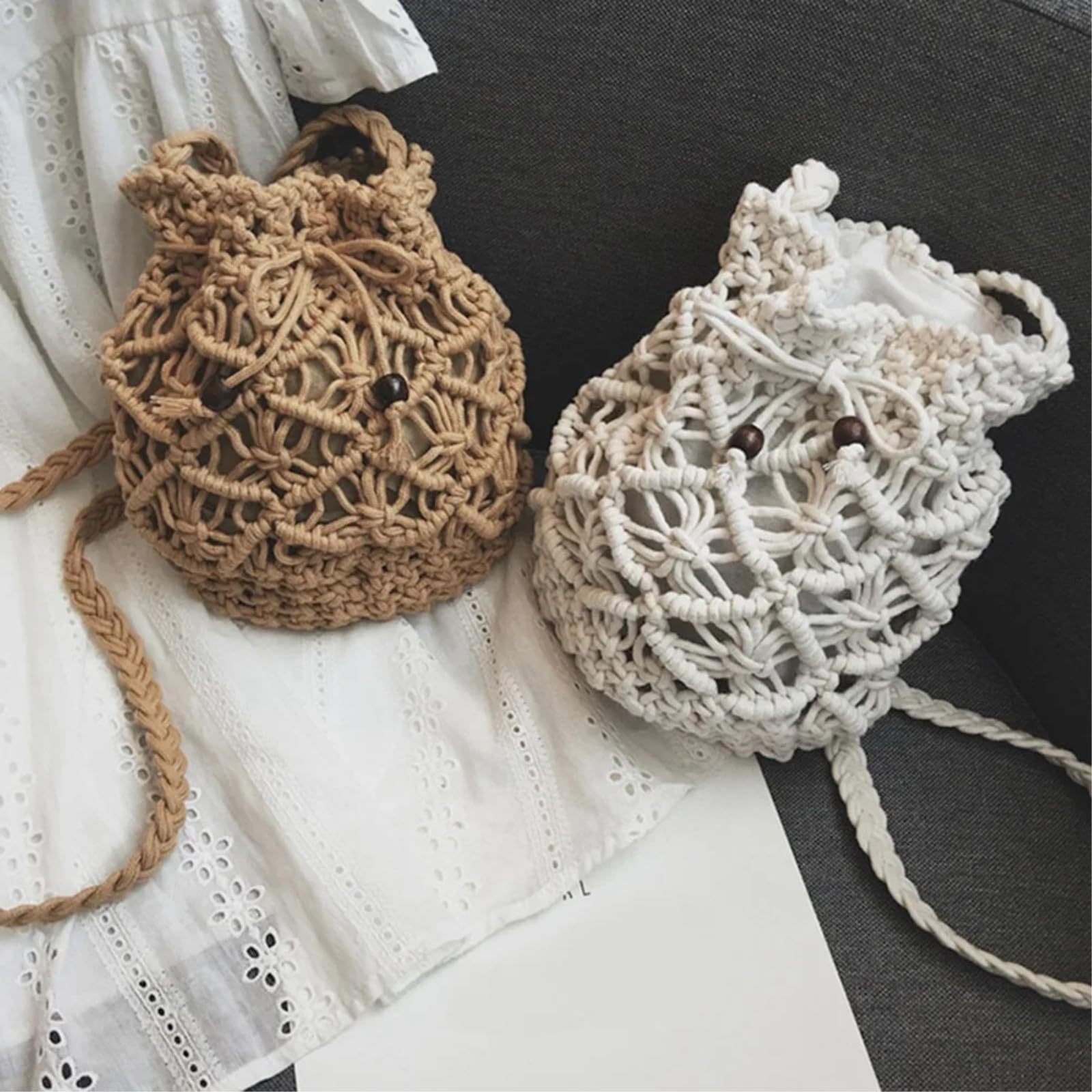 Bolso de Hombro Cubo Cordón Ganchillo Hueco Hecho A Mano, Correa Ajustable para El Verano