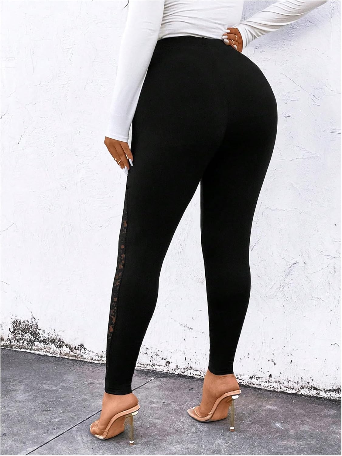 WDIRARA Women's Plus Size Lace Leggings High Waisted Stretchy Yoga Pants - Image 3