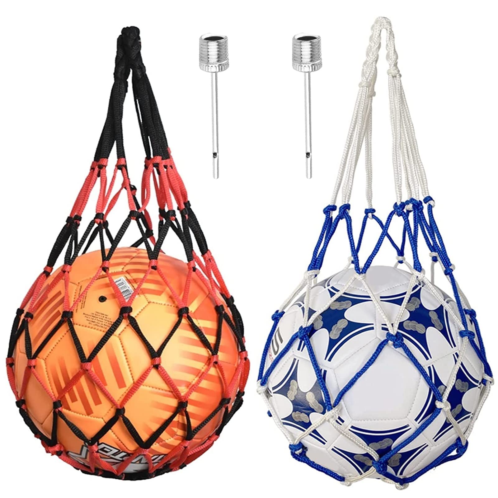 Red de Pelota Portátil, Juego de 2 Bolsas para Redes de Baloncesto, Fútbol, Transporte de Pelota, 2 Pasadores (Azul Blanco + Negro Rojo)