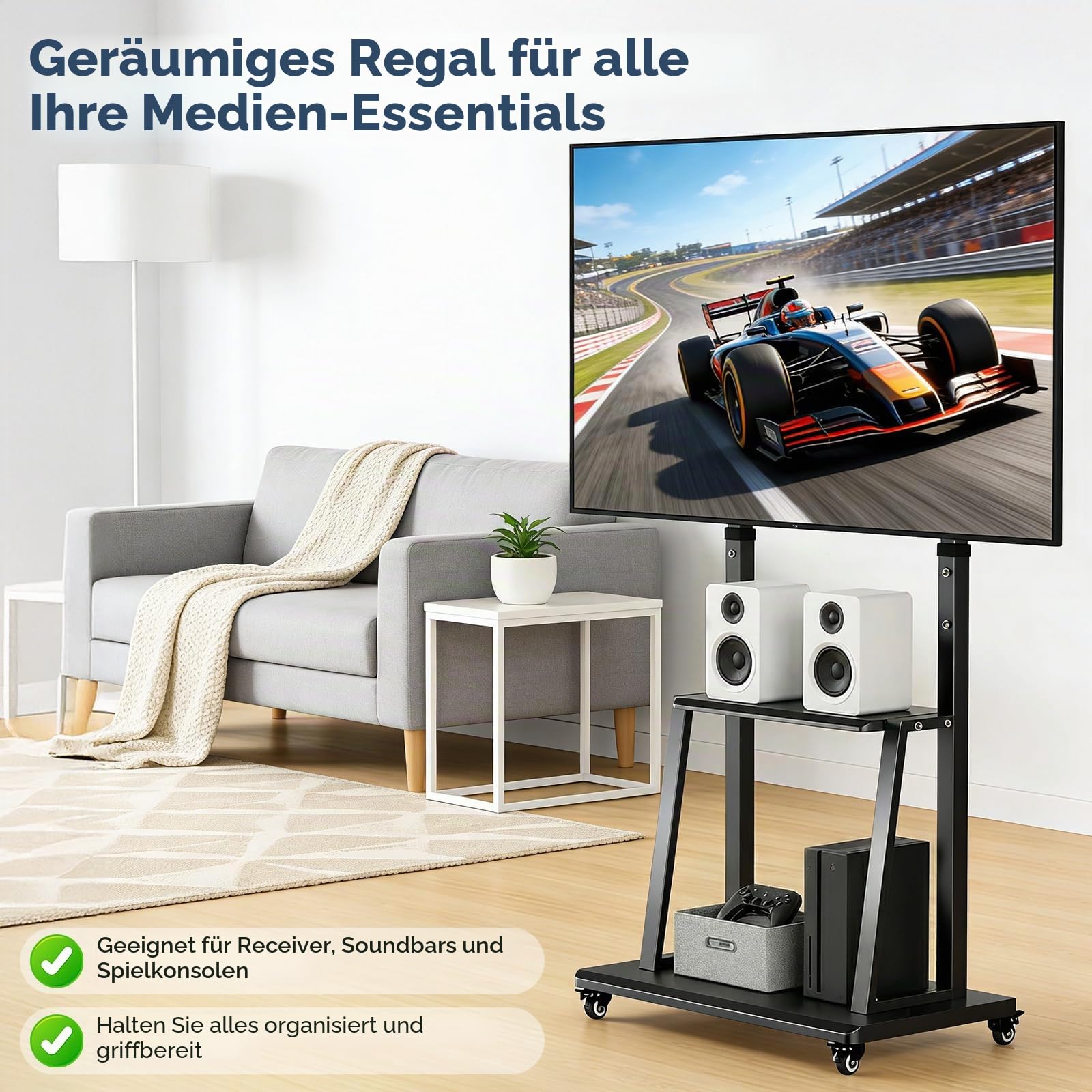 TV Ständer mit Rollen, Mobiler Fernsehtisch für 40-70 Zoll, Höhenverstellbar 123-155 cm, aus Metall für Wohnzimmer Büro, bis max. VESA 600x400, 155x70x43cm