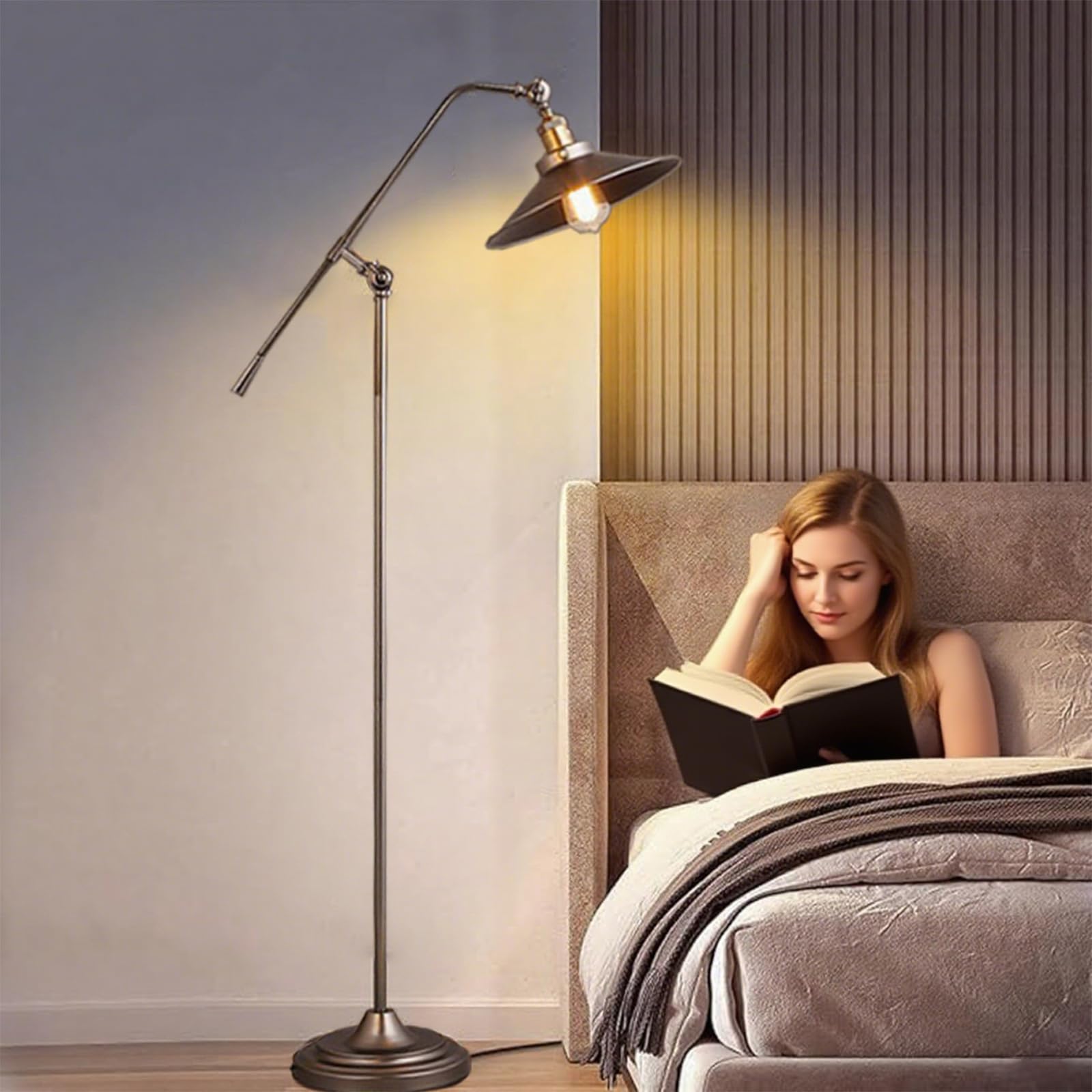 Stehlampe Wohnzimmer Vintage, Dimmbar Stehlampe Industrial mit Fernbedienung, 3000-6000K, Verstellbarer Arm, 6W LED Stehleuchte Retro Metall für Schlafzimmer Büro Arbeitszimmer, Braun