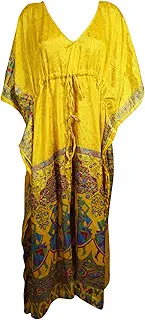 Mogul Interior Womens Yellow Kaftan Maxi Dress Drawstring Beachwear Bohemian Cover Up OneSize
