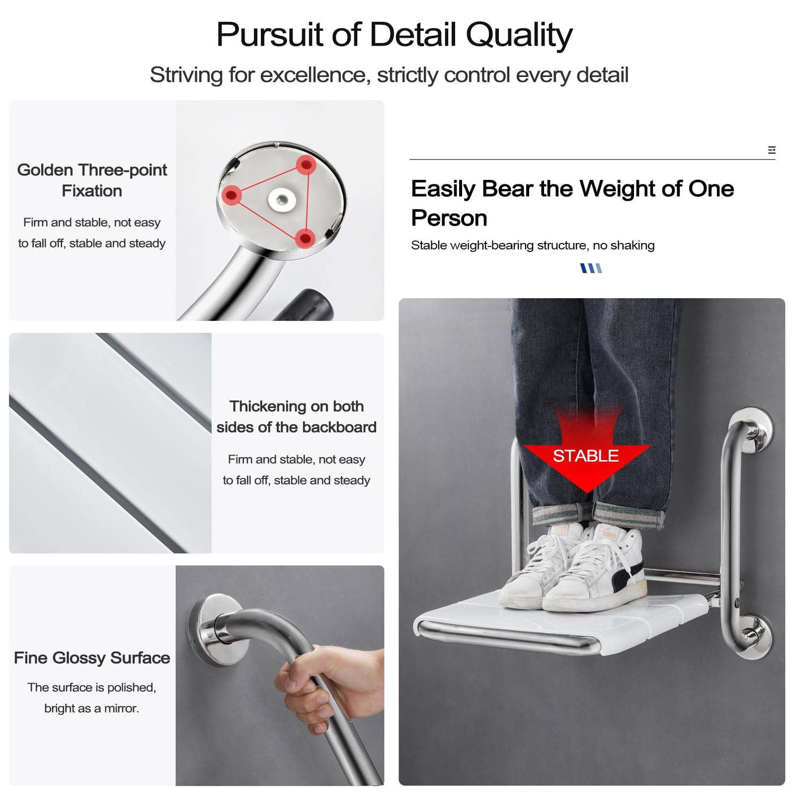 Asiento de ducha plegable, montado en la pared con reposabrazos, hecho de acero inoxidable 304, taburete de baño abatible para personas mayores y discapacitados, dispositivo de asistencia de seguridad