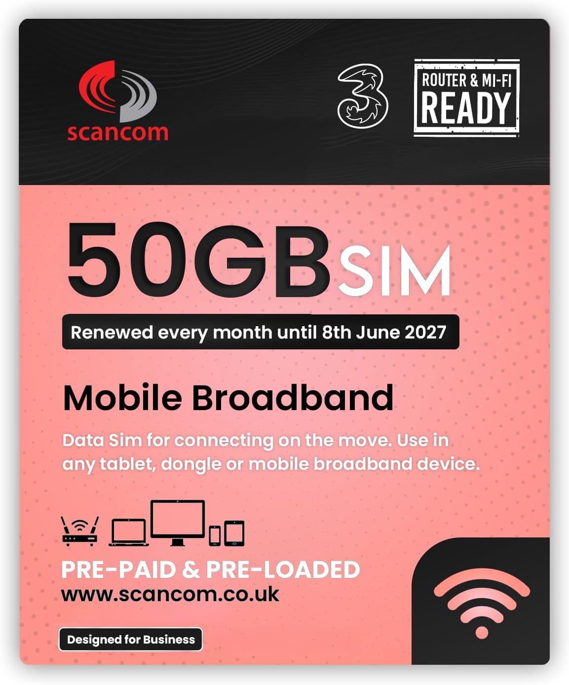 Three 50GB Data SIM – Uncapped 5G Speeds – Preloaded EVERY MONTH Until 8th JUNE 2027 – No Contract – Plug & Play for Business Broadband, Routers & Phones