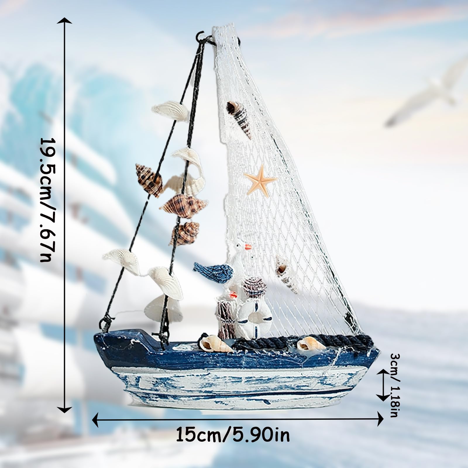 Molyorch Legno Ornamenti Barca, legno Barca vela legno miniatura per delle mare sulla spiaggia modello barca vela legno con rete pesca, barche a vela in legno e metallo