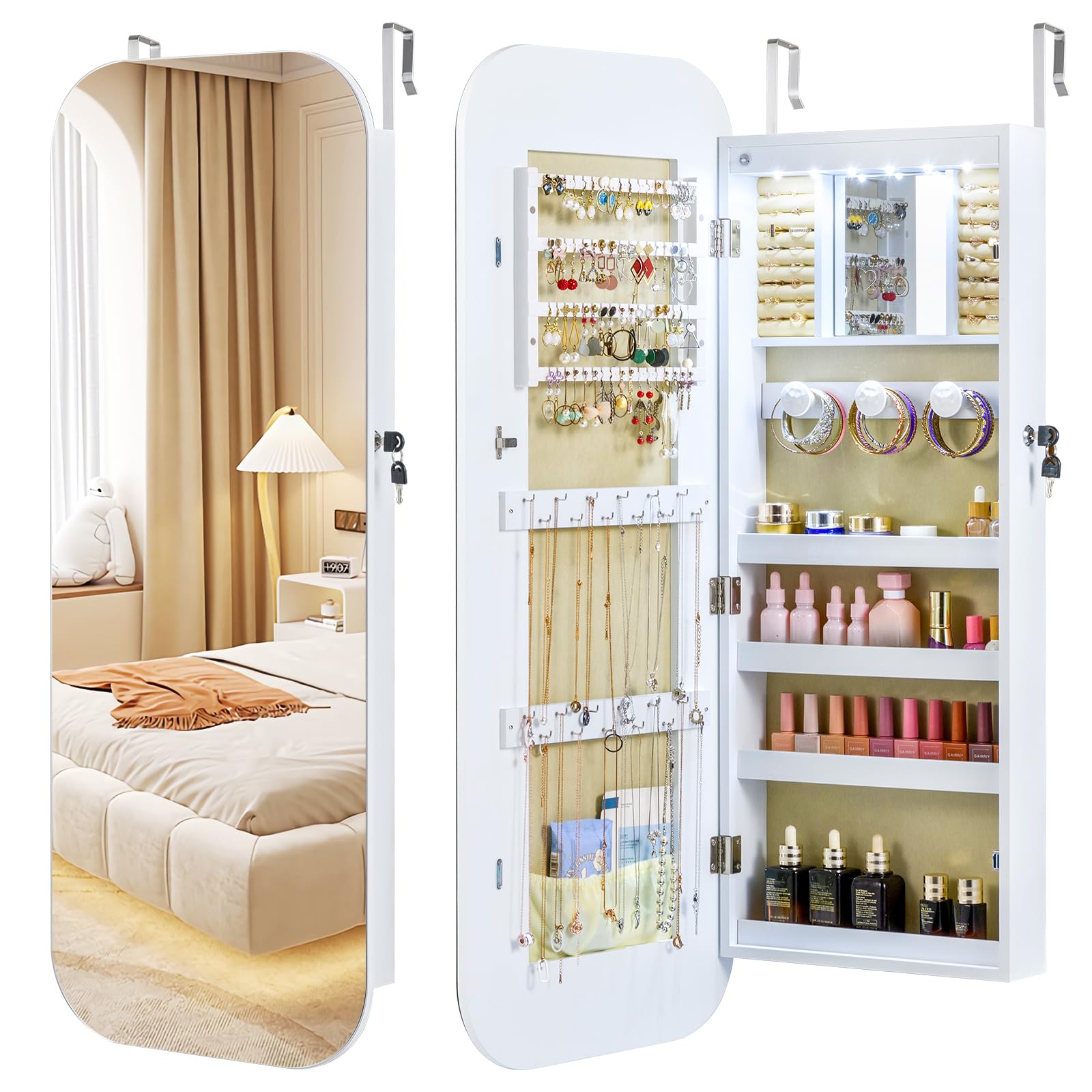 COSTWAY LED Lights Jewellery Cabinet, Door Hanging/Wall Mounted Jewelry Armoire with Rounded Full Length Mirror, Interior Mirror & Large Storage, Bedroom Lockable Cosmetics Jewellery Organiser, White